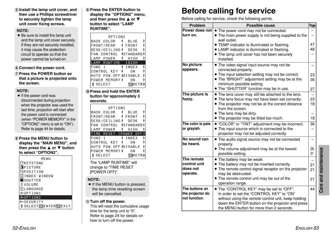 Panasonic PT-LM1U operating instructions Before calling for service 