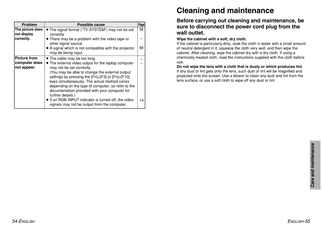 Panasonic PT-LM1U operating instructions Cleaning and maintenance 