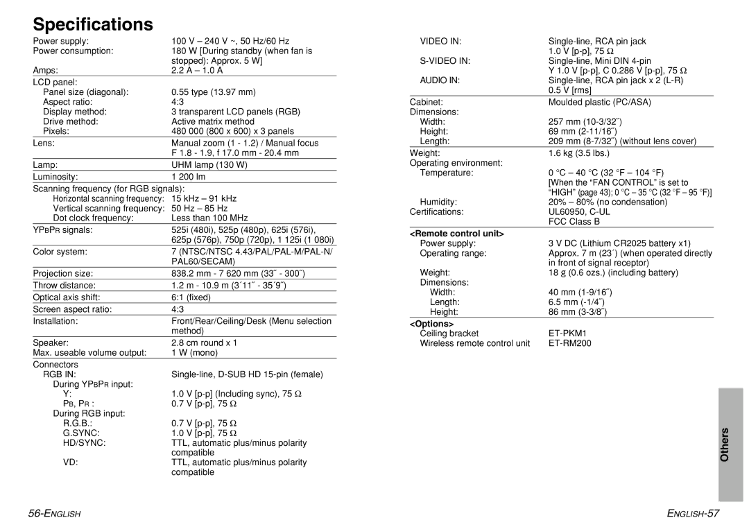 Panasonic PT-LM1U operating instructions Specifications, Remote control unit, Options 