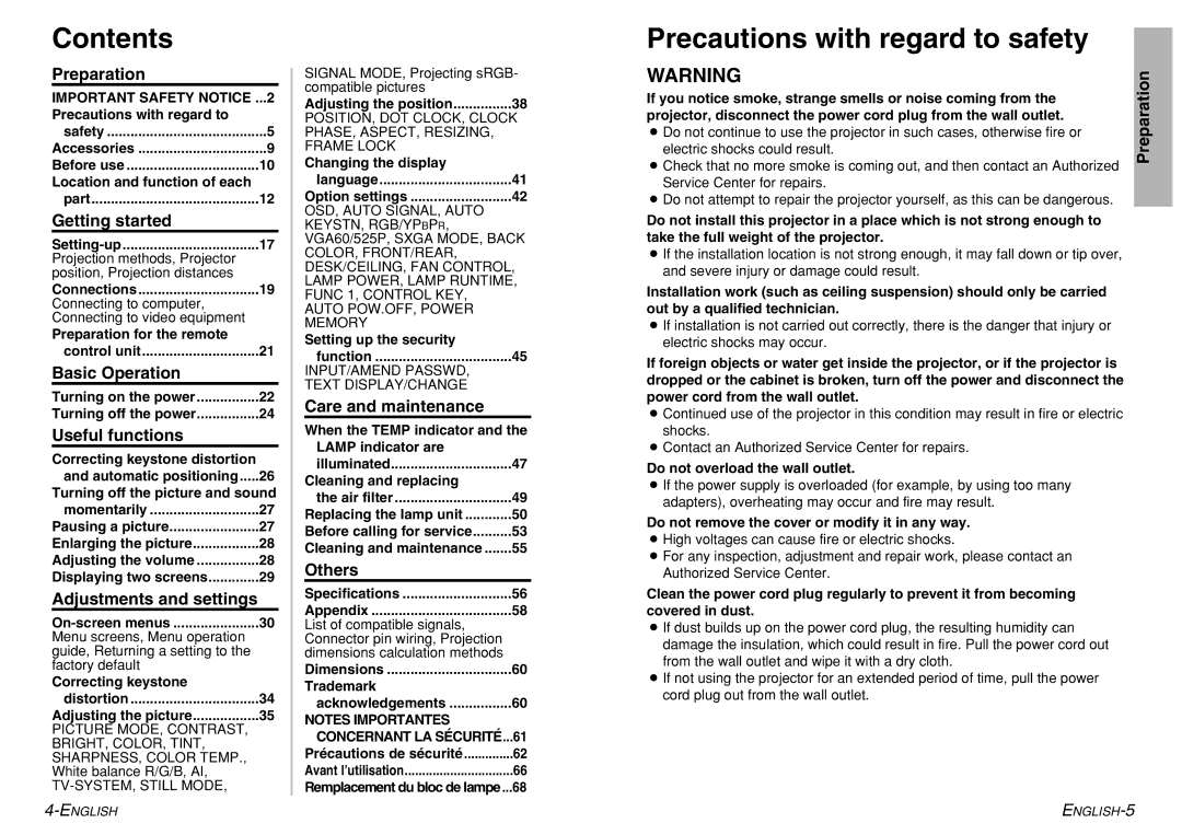 Panasonic PT-LM1U operating instructions Contents, Precautions with regard to safety 