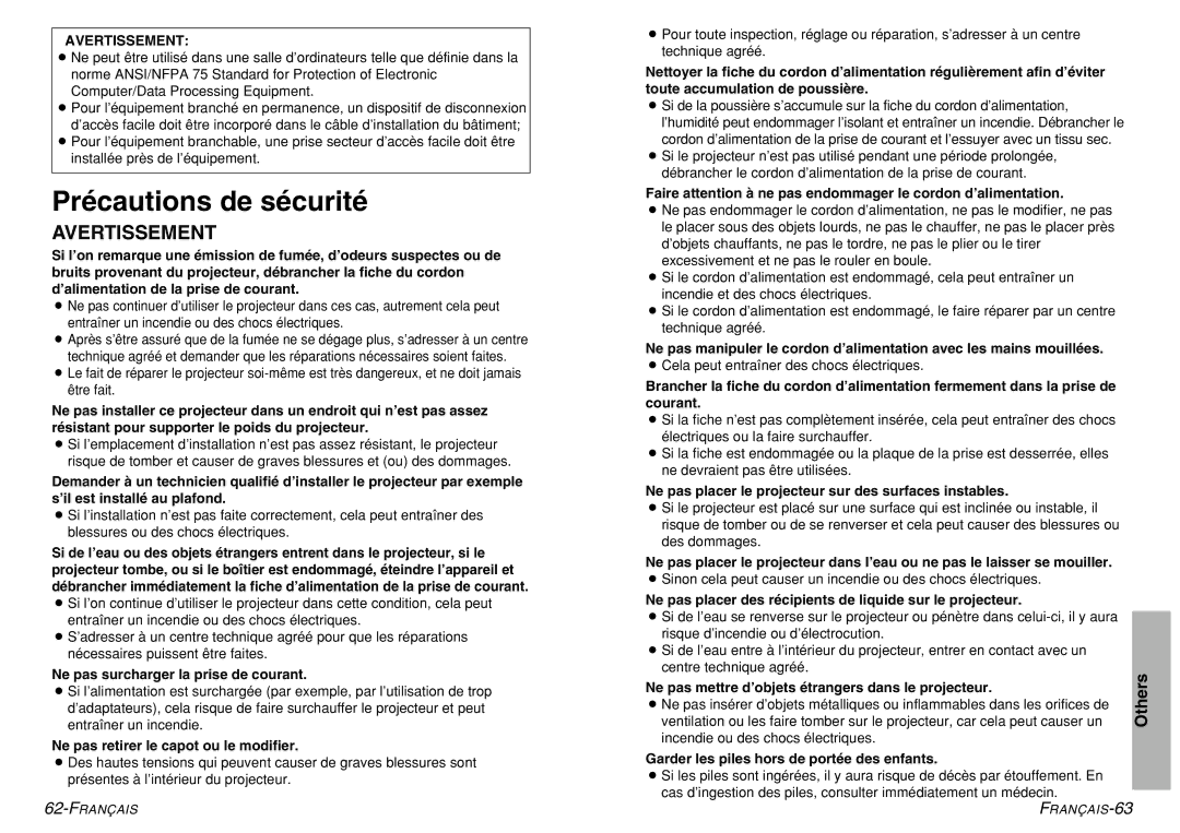 Panasonic PT-LM1U operating instructions Précautions de sécurité, Avertissement 