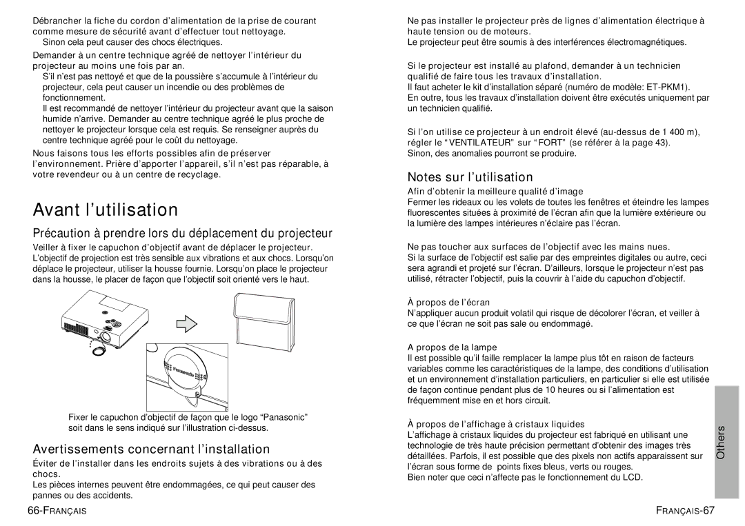 Panasonic PT-LM1U Avant l’utilisation, Avertissements concernant l’installation, Propos de l’écran, Propos de la lampe 