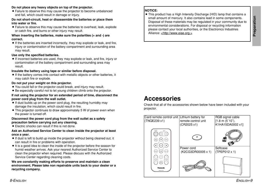 Panasonic PT-LM1U Accessories, Do not place any heavy objects on top of the projector, Use only the specified batteries 