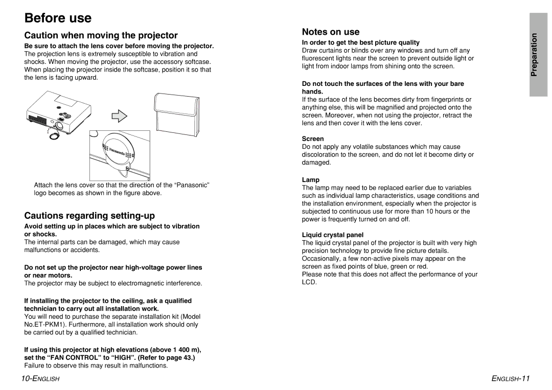 Panasonic PT-LM1U Before use, Do not touch the surfaces of the lens with your bare hands, Screen, Lamp 