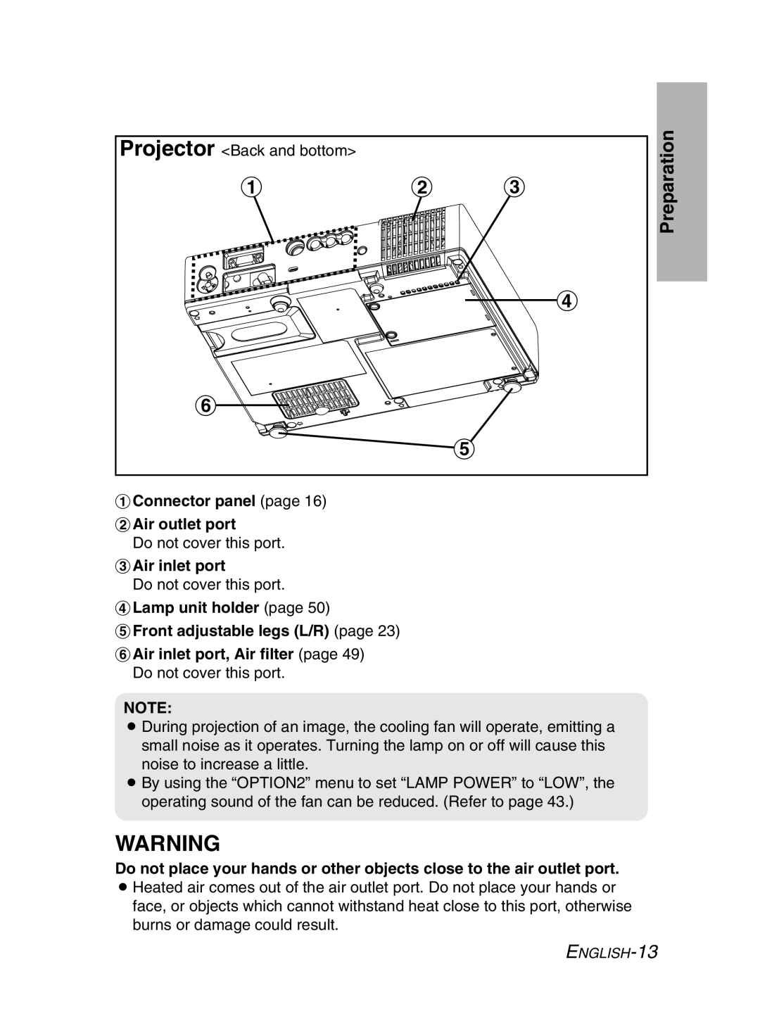 Panasonic PT-LM2E manual # Connector panel $ Air outlet port 