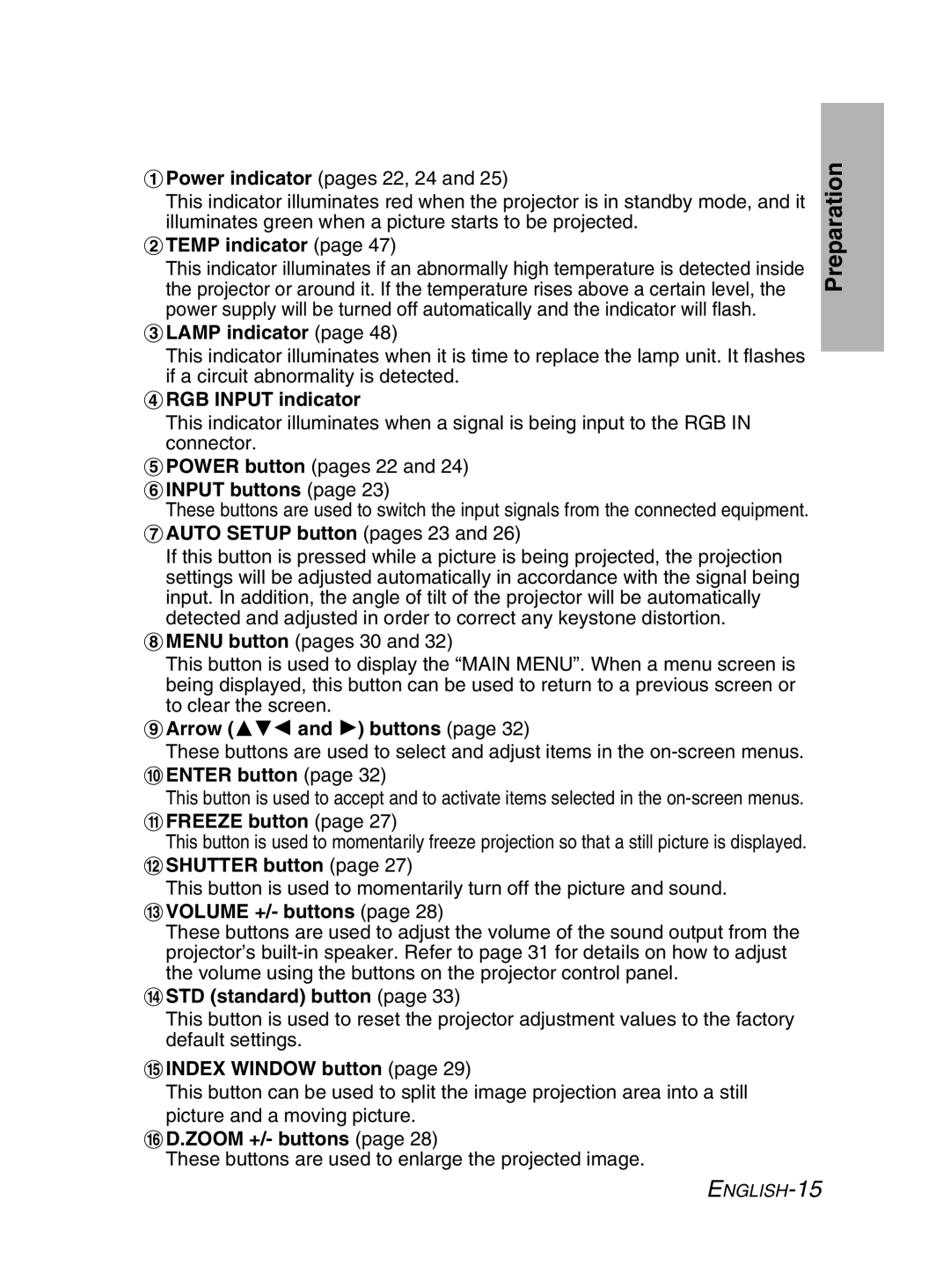 Panasonic PT-LM2E manual $ Temp indicator, Lamp indicator, RGB Input indicator, Input buttons, Auto Setup button pages 23 