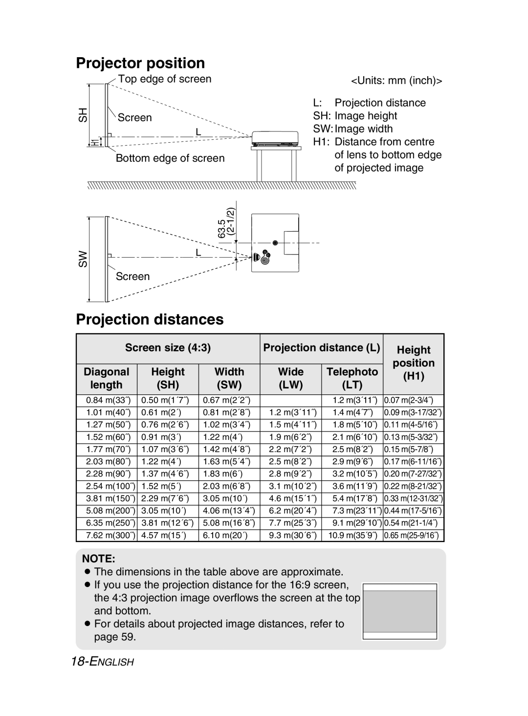 Panasonic PT-LM2E manual Projector position, Projection distances 