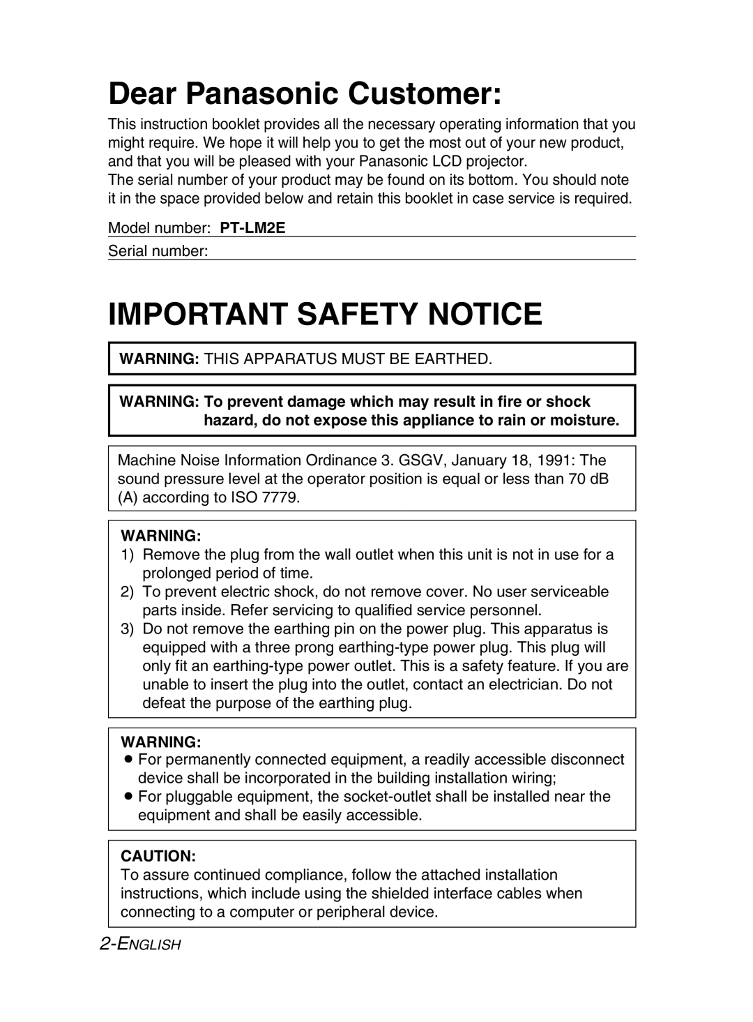 Panasonic PT-LM2E manual Dear Panasonic Customer, Important Safety Notice 