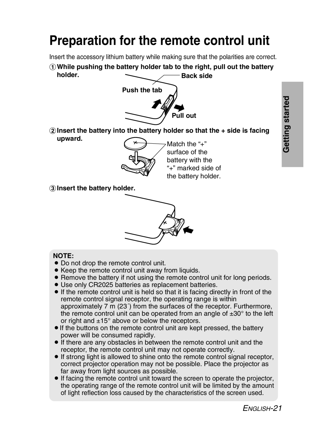 Panasonic PT-LM2E manual Preparation for the remote control unit, Insert the battery holder 