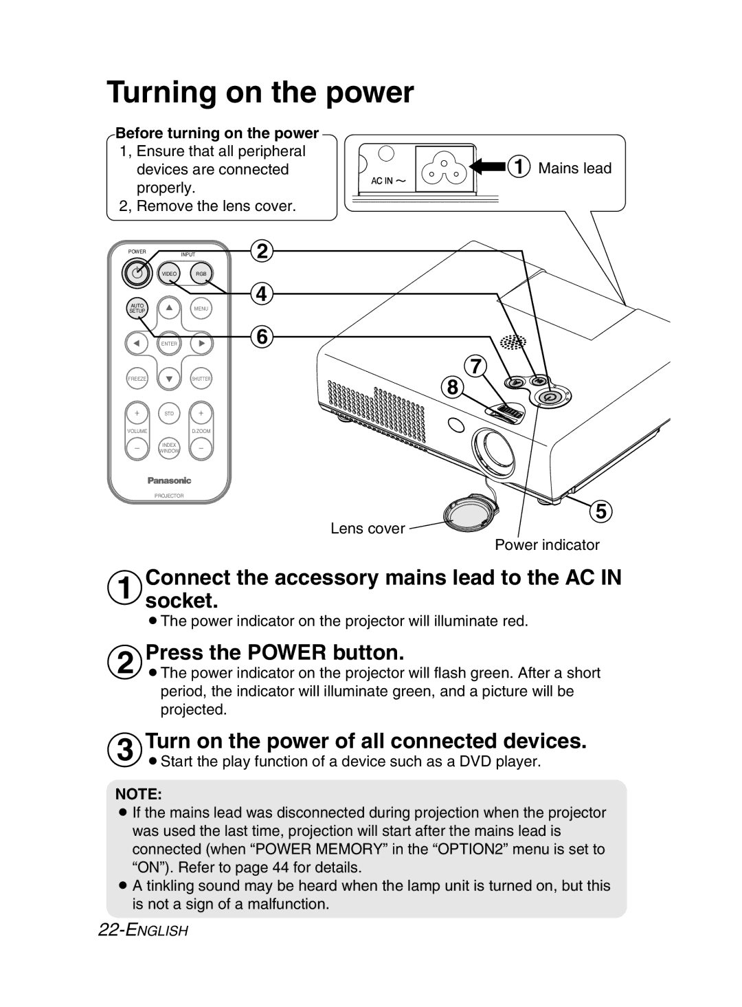 Panasonic PT-LM2E manual Turning on the power, $Press the Power button, Turn on the power of all connected devices 