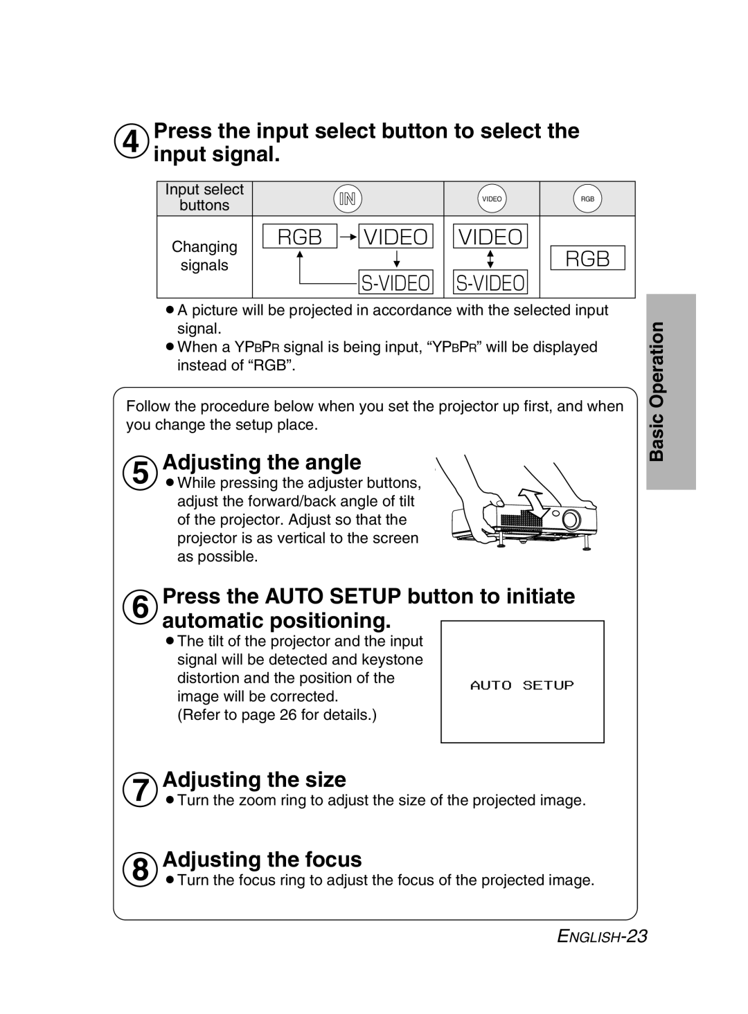 Panasonic PT-LM2E manual Press the input select button to select the input signal, Adjusting the angle, Adjusting the size 