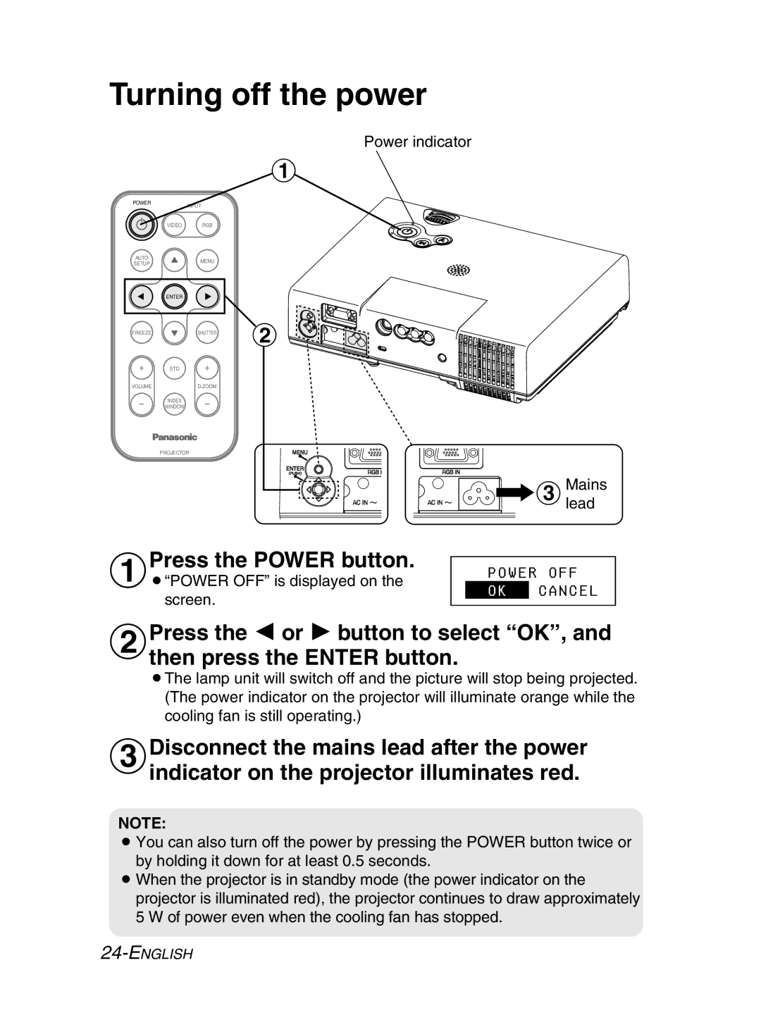 Panasonic PT-LM2E manual Turning off the power, Press the Power button 