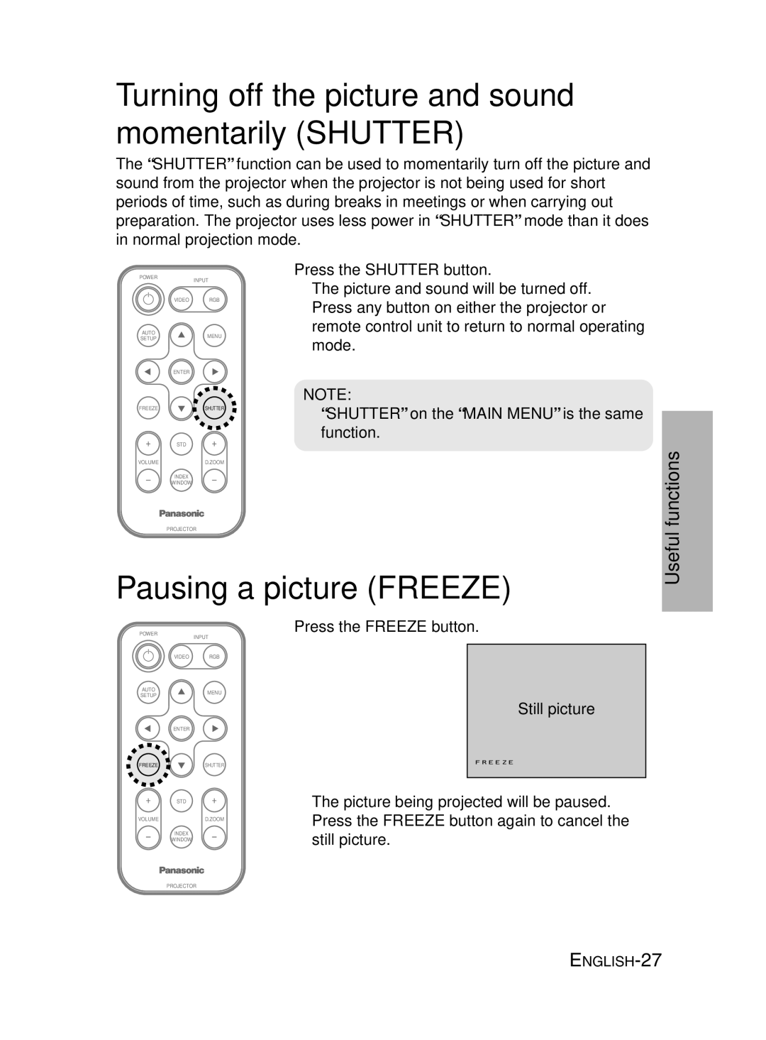 Panasonic PT-LM2E Turning off the picture and sound momentarily Shutter, Pausing a picture Freeze, Press the Freeze button 