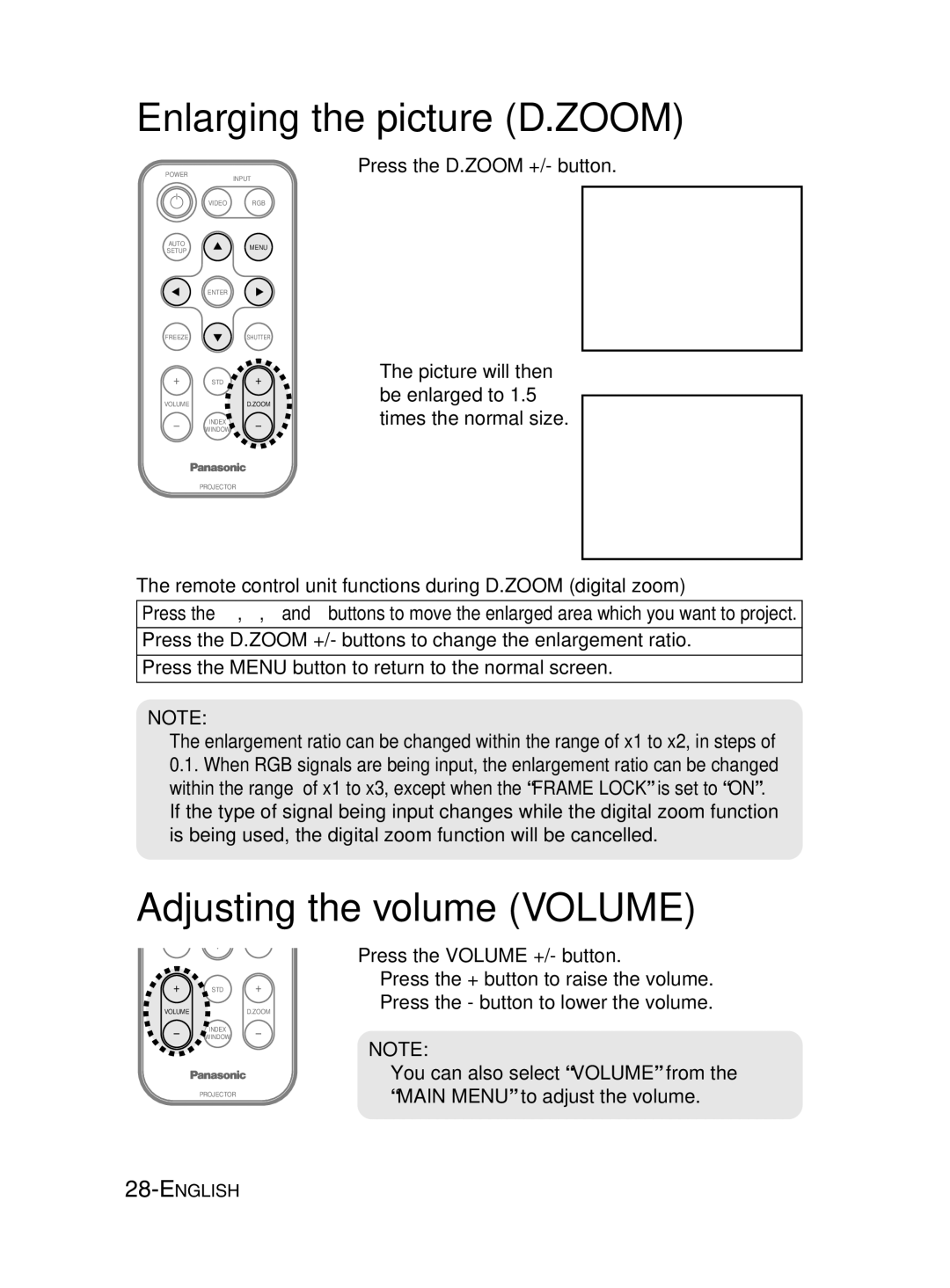 Panasonic PT-LM2E manual Enlarging the picture D.ZOOM, Adjusting the volume Volume, Press the D.ZOOM +/- button 