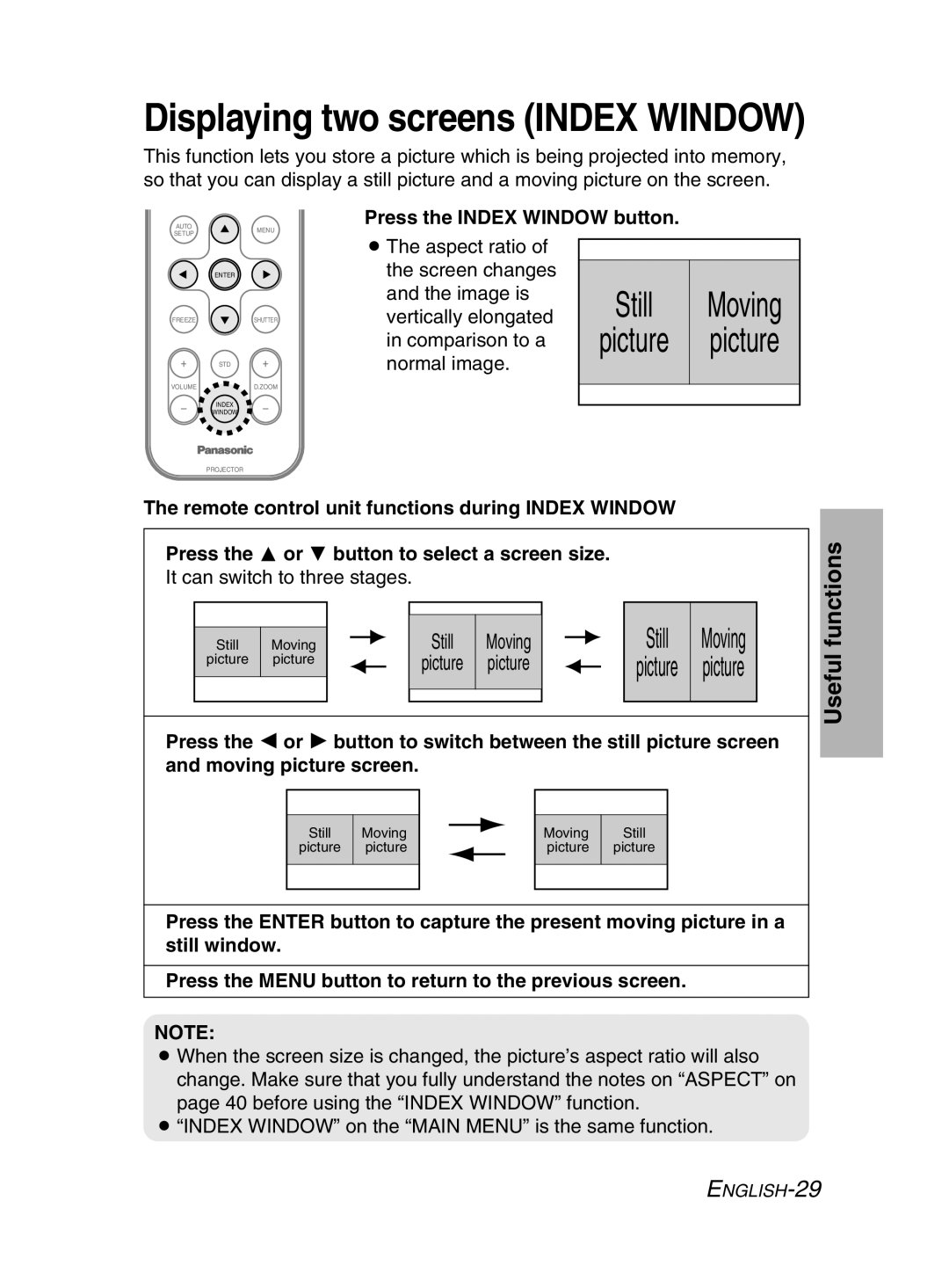 Panasonic PT-LM2E manual Displaying two screens Index Window, Press the Index Window button 