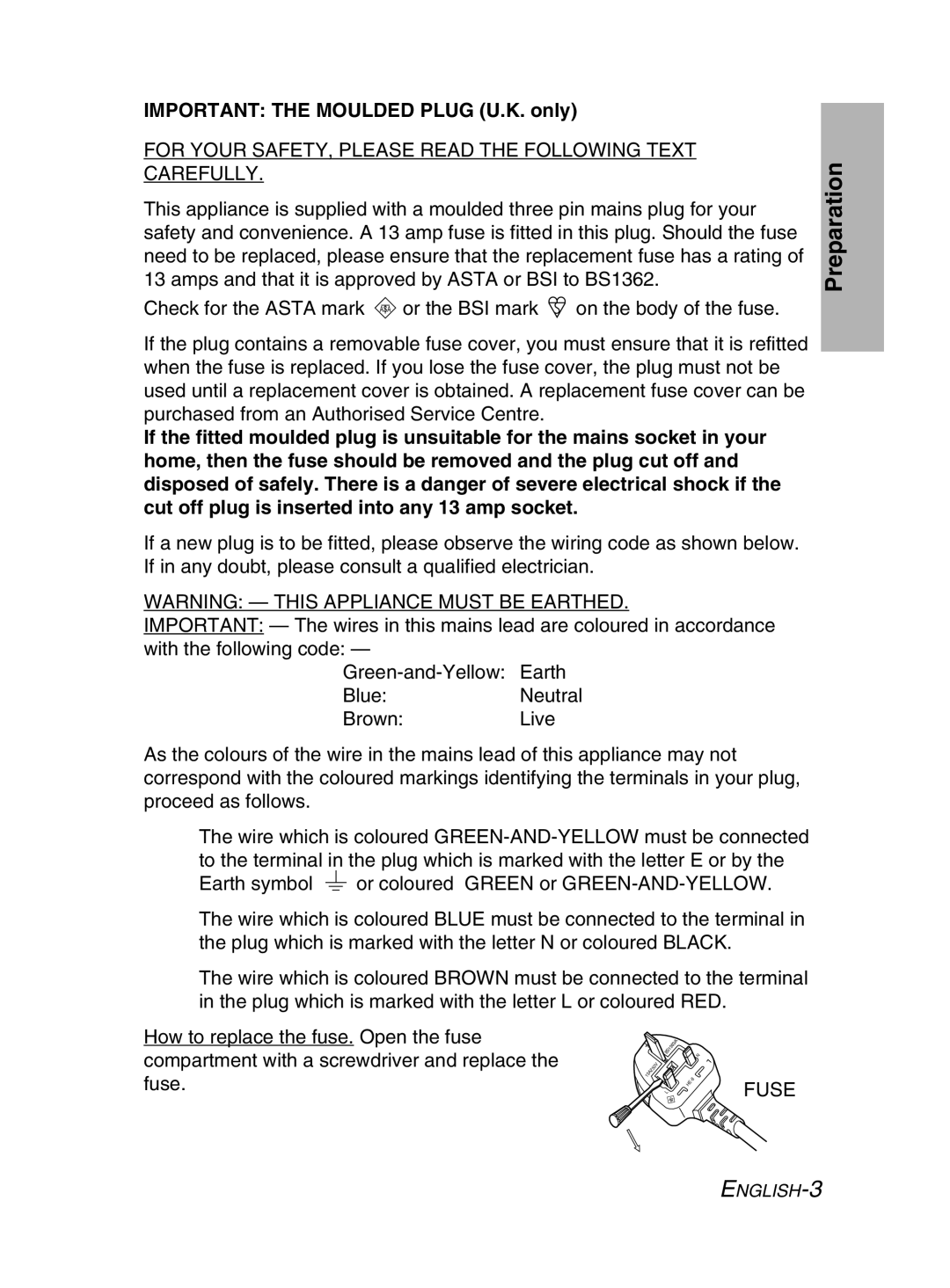 Panasonic PT-LM2E manual Important the Moulded Plug U.K. only, For Your SAFETY, Please Read the Following Text Carefully 