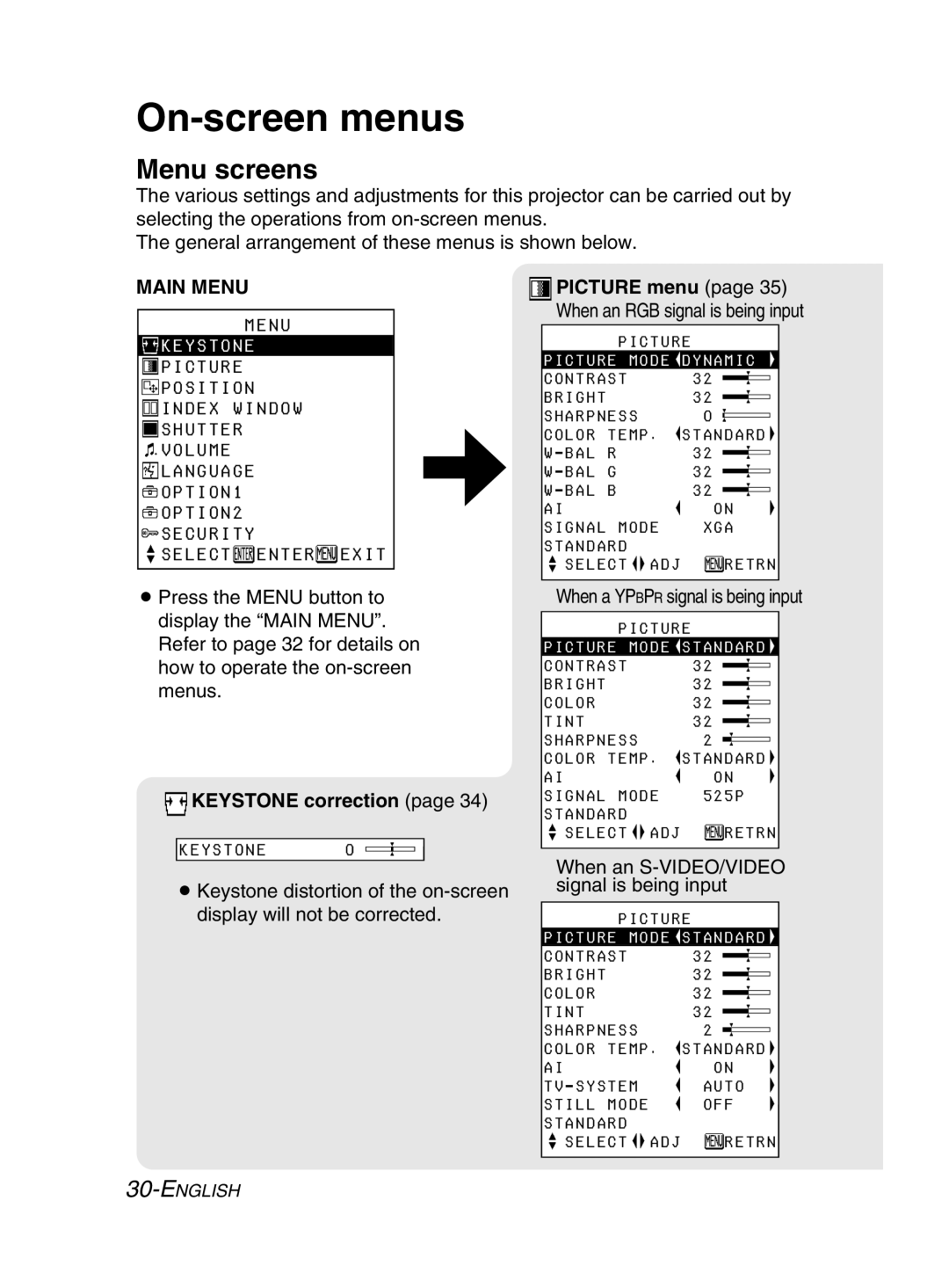 Panasonic PT-LM2E manual On-screen menus, Menu screens, Keystone correction 