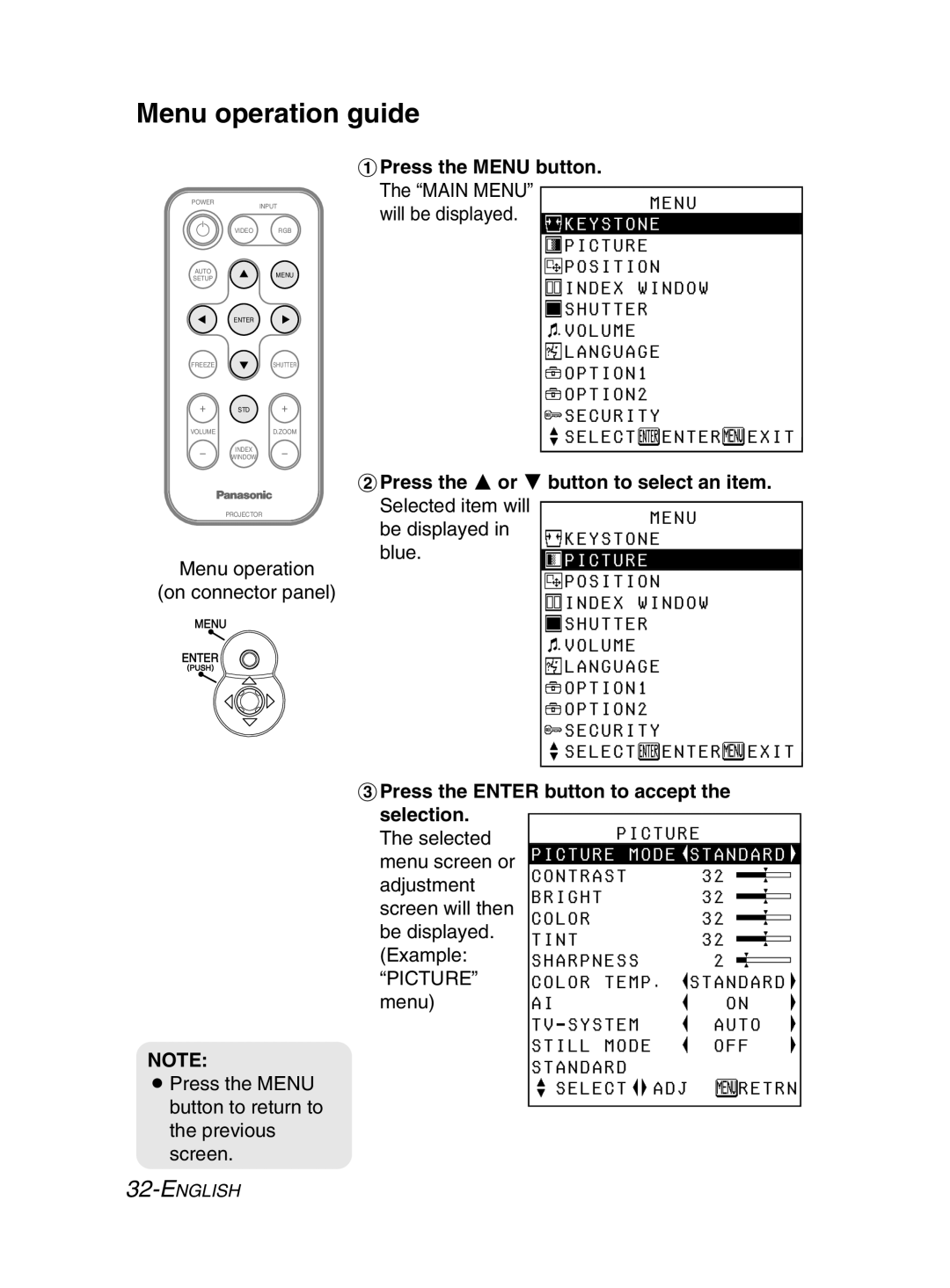 Panasonic PT-LM2E manual Menu operation guide, Picture, Select ADJ 