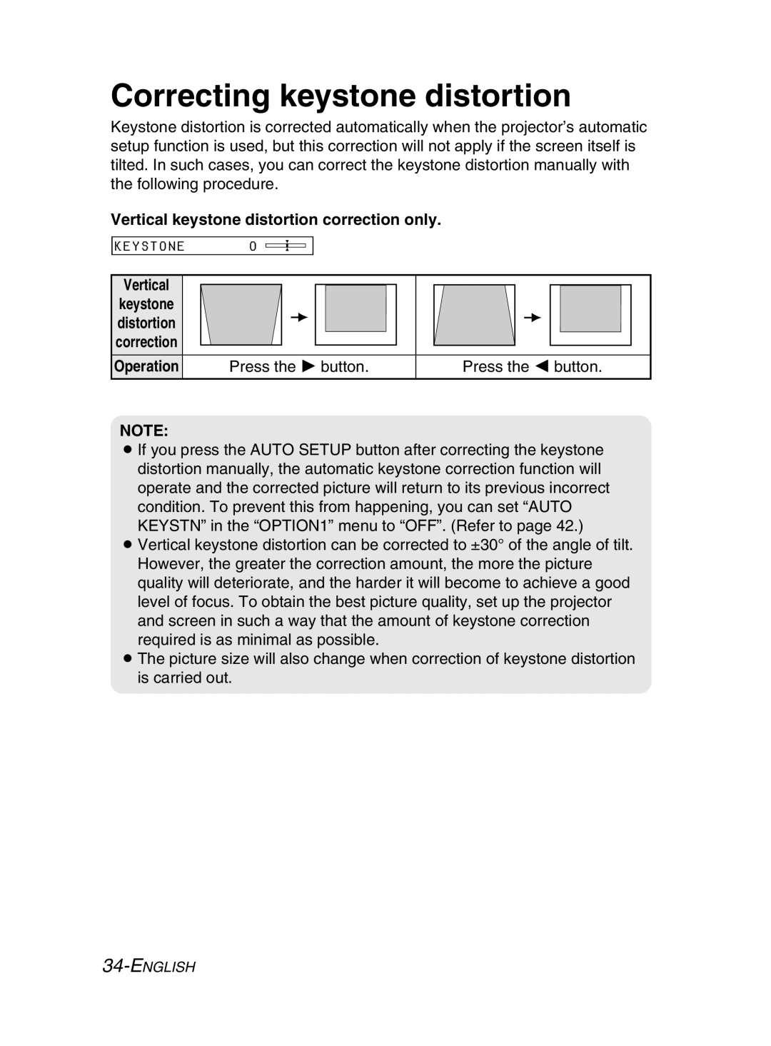 Panasonic PT-LM2E manual Correcting keystone distortion, Vertical keystone distortion correction only, Operation 