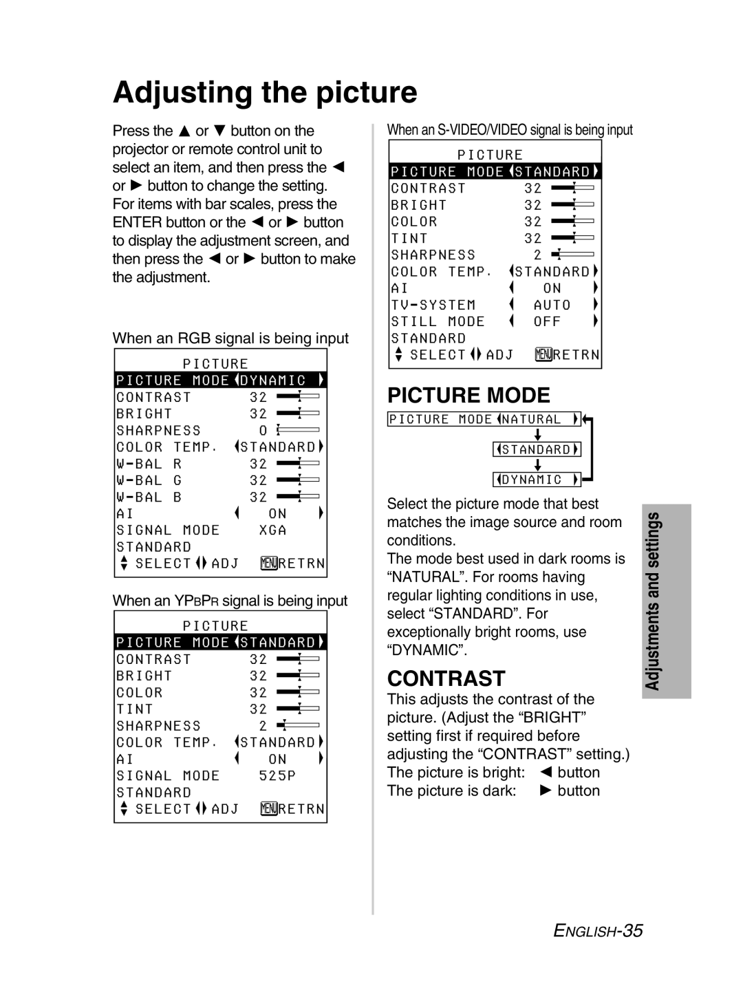 Panasonic PT-LM2E manual Adjusting the picture, Picture Mode, Contrast, Dynamic 