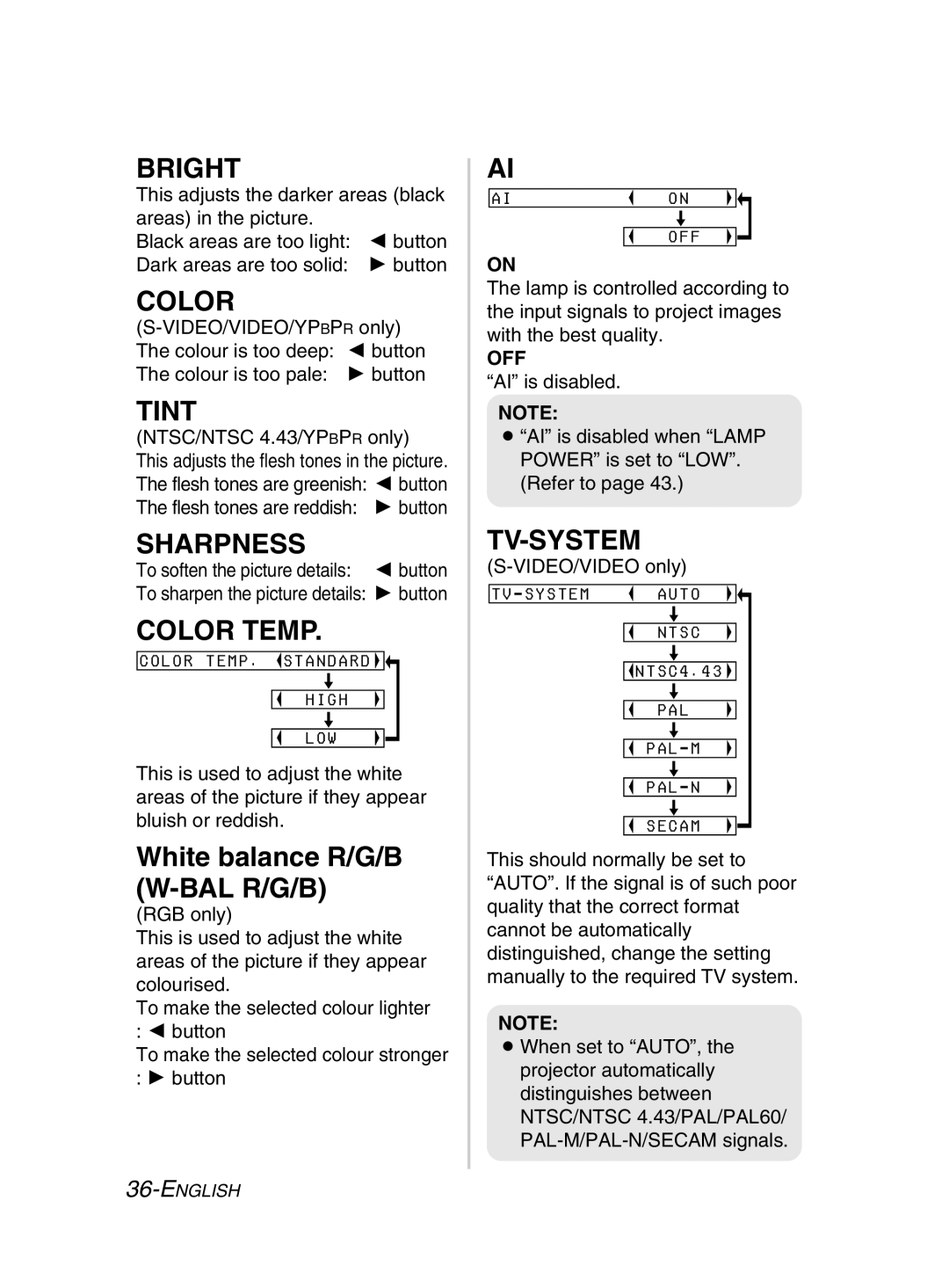 Panasonic PT-LM2E manual Bright, Tint, Sharpness, Color Temp, Tv-System 