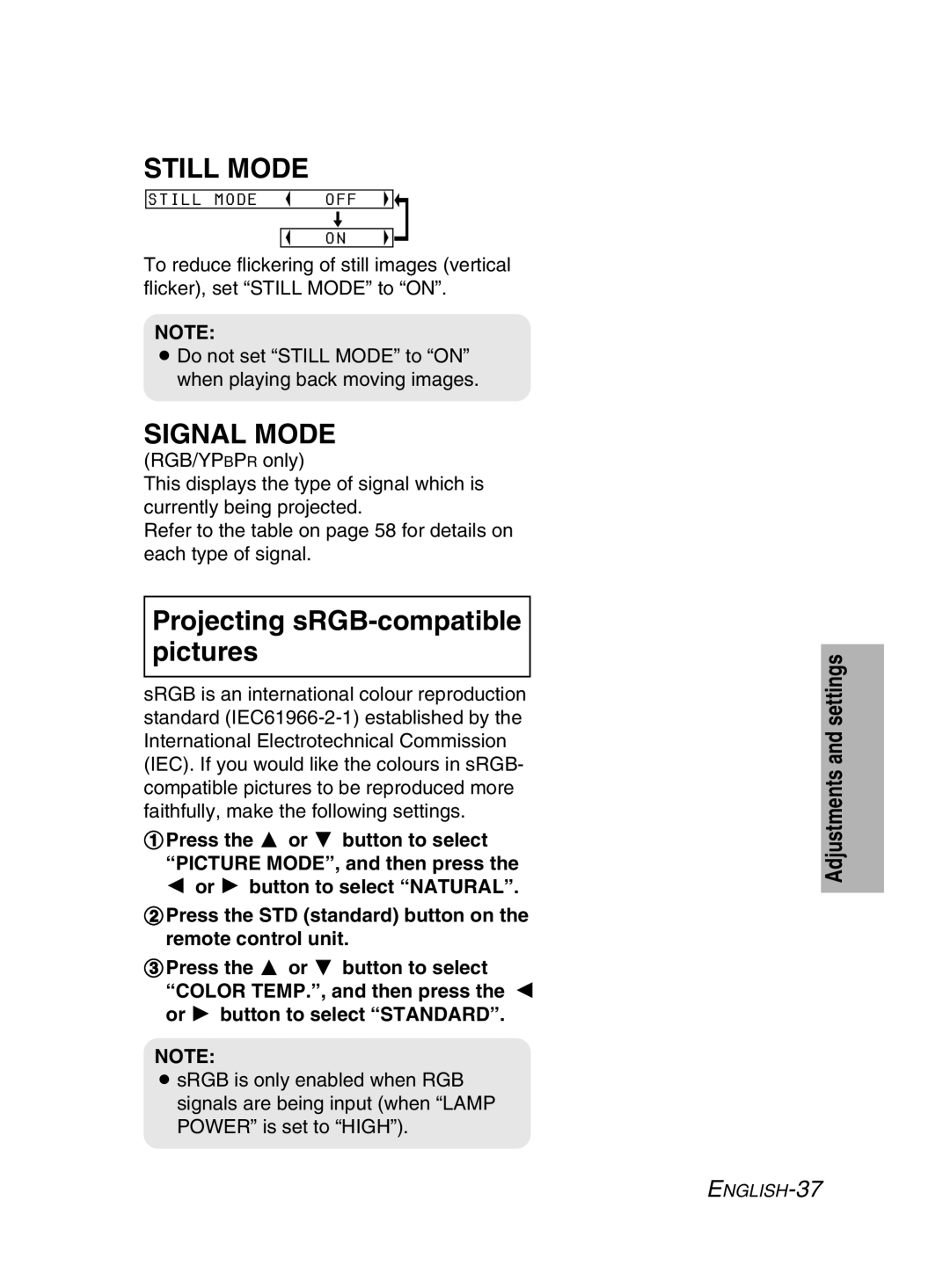 Panasonic PT-LM2E manual Still Mode, Signal Mode, Projecting sRGB-compatible pictures 