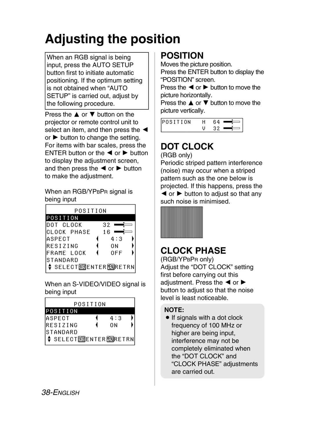 Panasonic PT-LM2E manual Adjusting the position, Position, DOT Clock, Clock Phase 