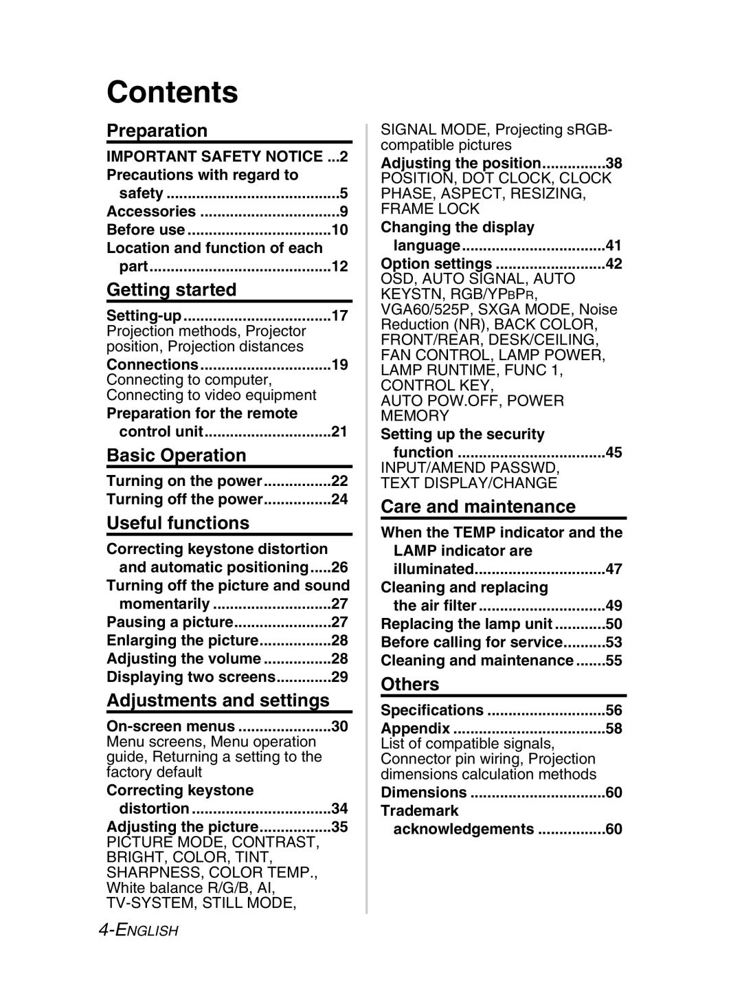 Panasonic PT-LM2E manual Contents 