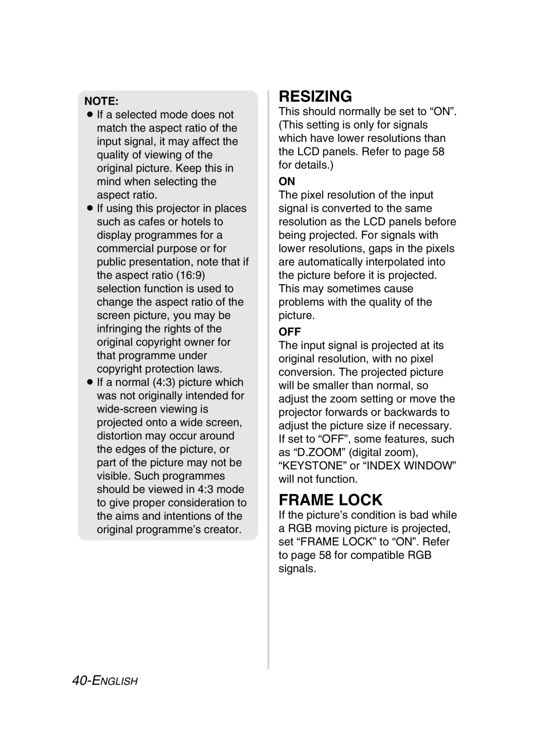 Panasonic PT-LM2E manual Resizing, Frame Lock 