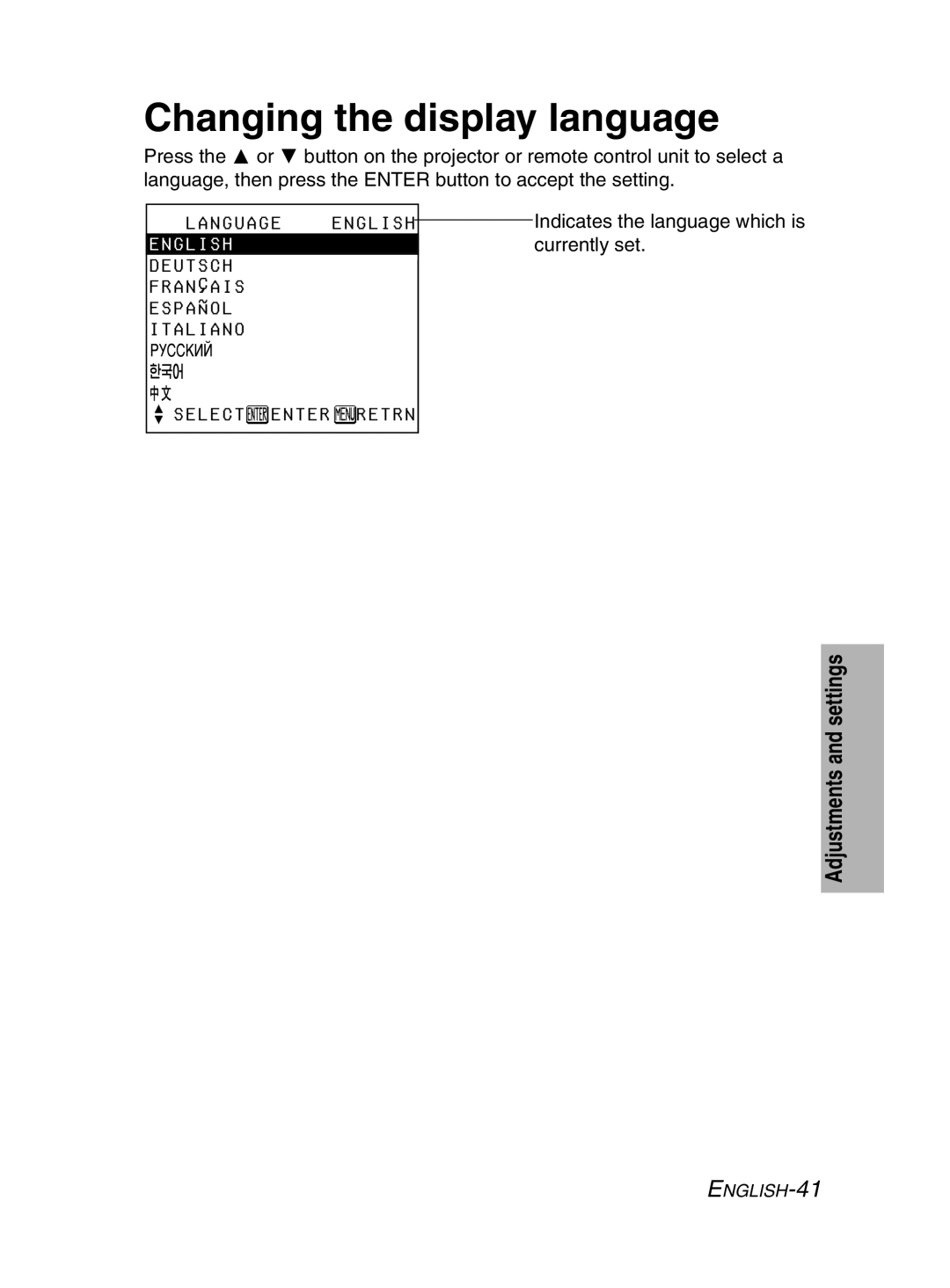 Panasonic PT-LM2E manual Changing the display language, English 