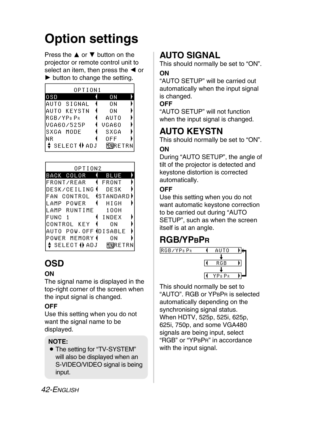 Panasonic PT-LM2E manual Option settings, Osd, Auto Signal, Auto Keystn, Rgb/Ypbpr 