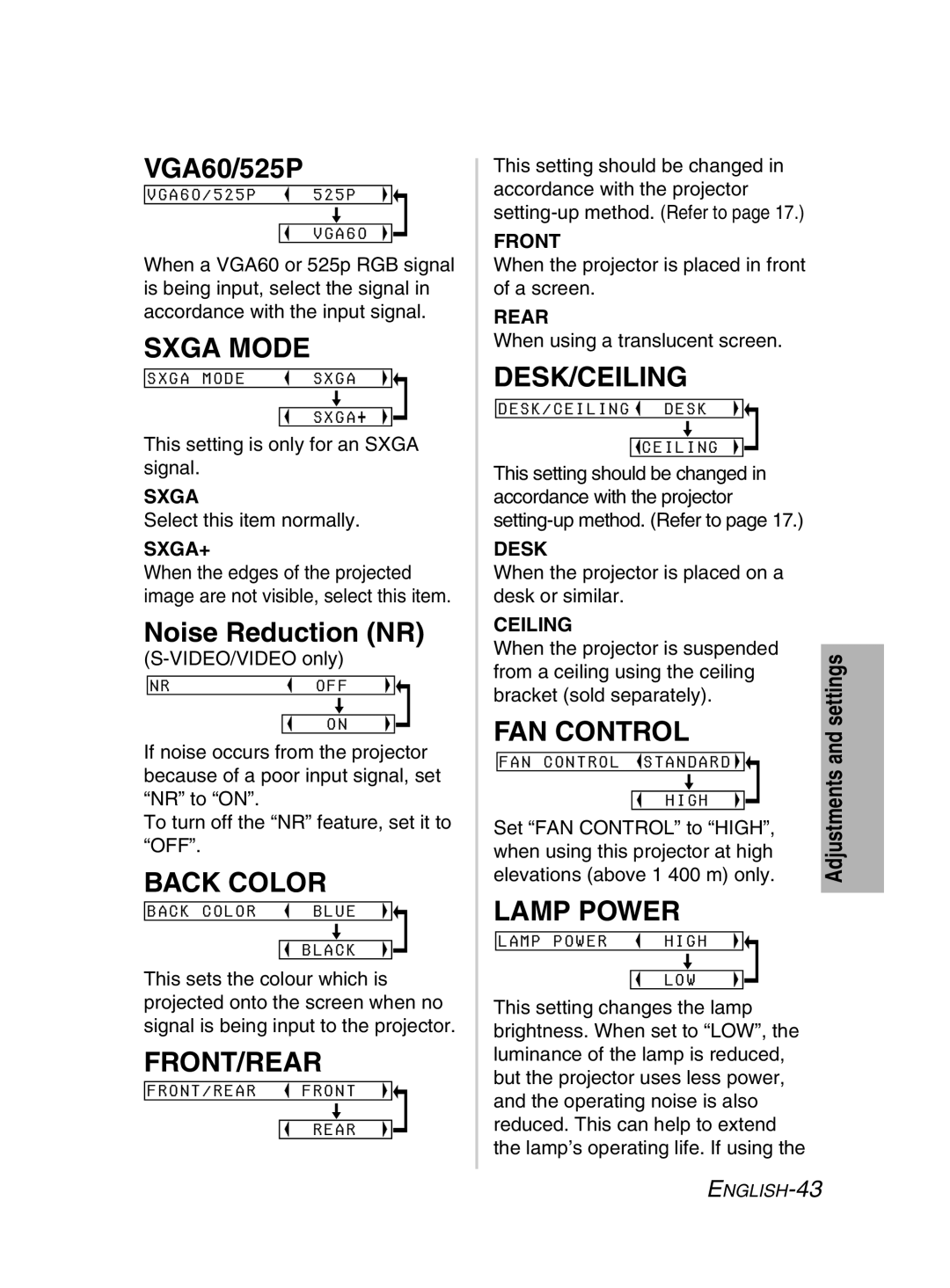 Panasonic PT-LM2E manual Sxga Mode, Back Color, Front/Rear, Desk/Ceiling, FAN Control, Lamp Power 