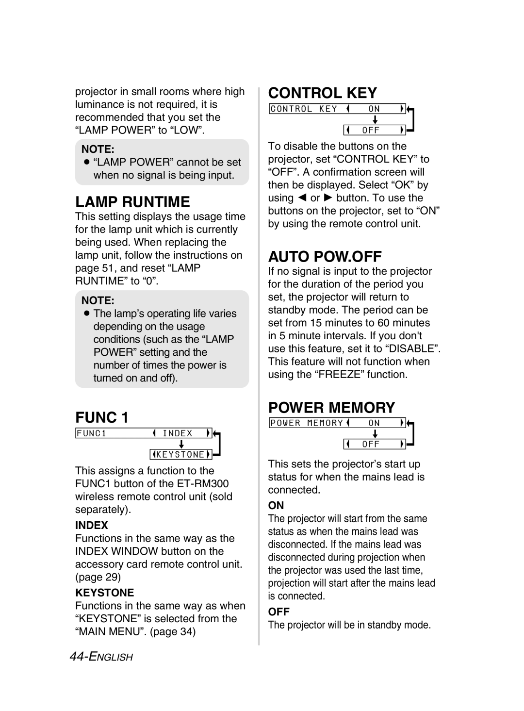 Panasonic PT-LM2E manual Lamp Runtime, Func, Control KEY, Auto POW.OFF, Power Memory 