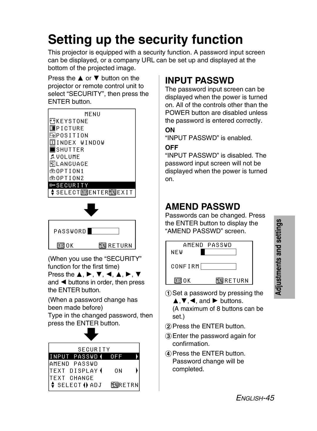 Panasonic PT-LM2E manual Setting up the security function, Input Passwd, Amend Passwd, Security 