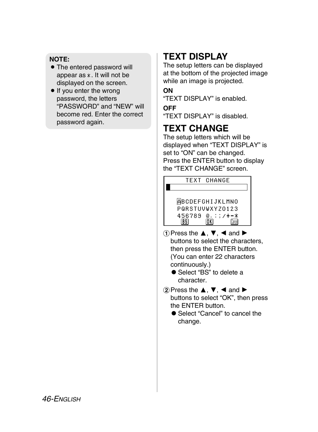 Panasonic PT-LM2E manual Text Display, Text Change 