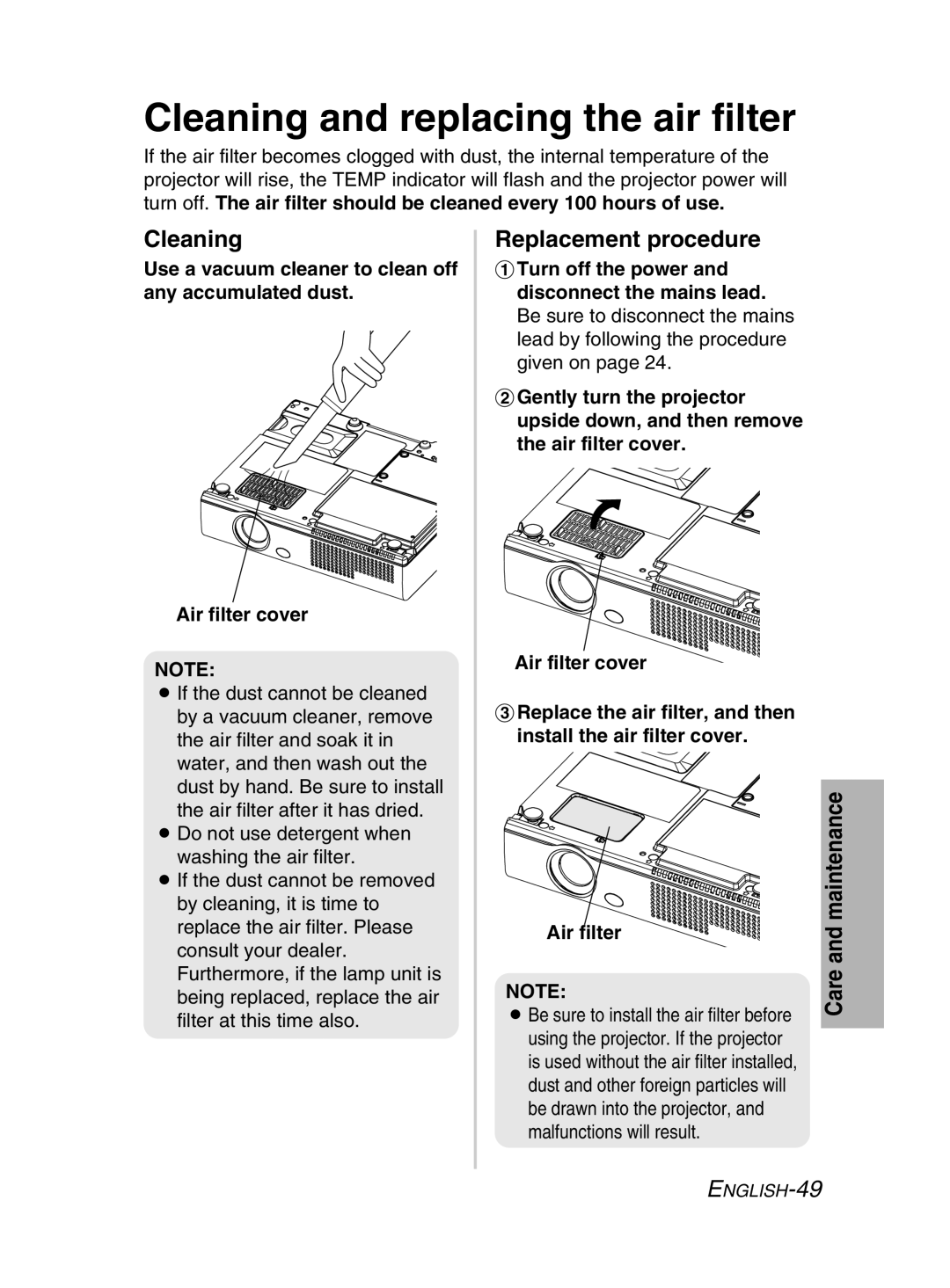 Panasonic PT-LM2E manual Cleaning and replacing the air filter 