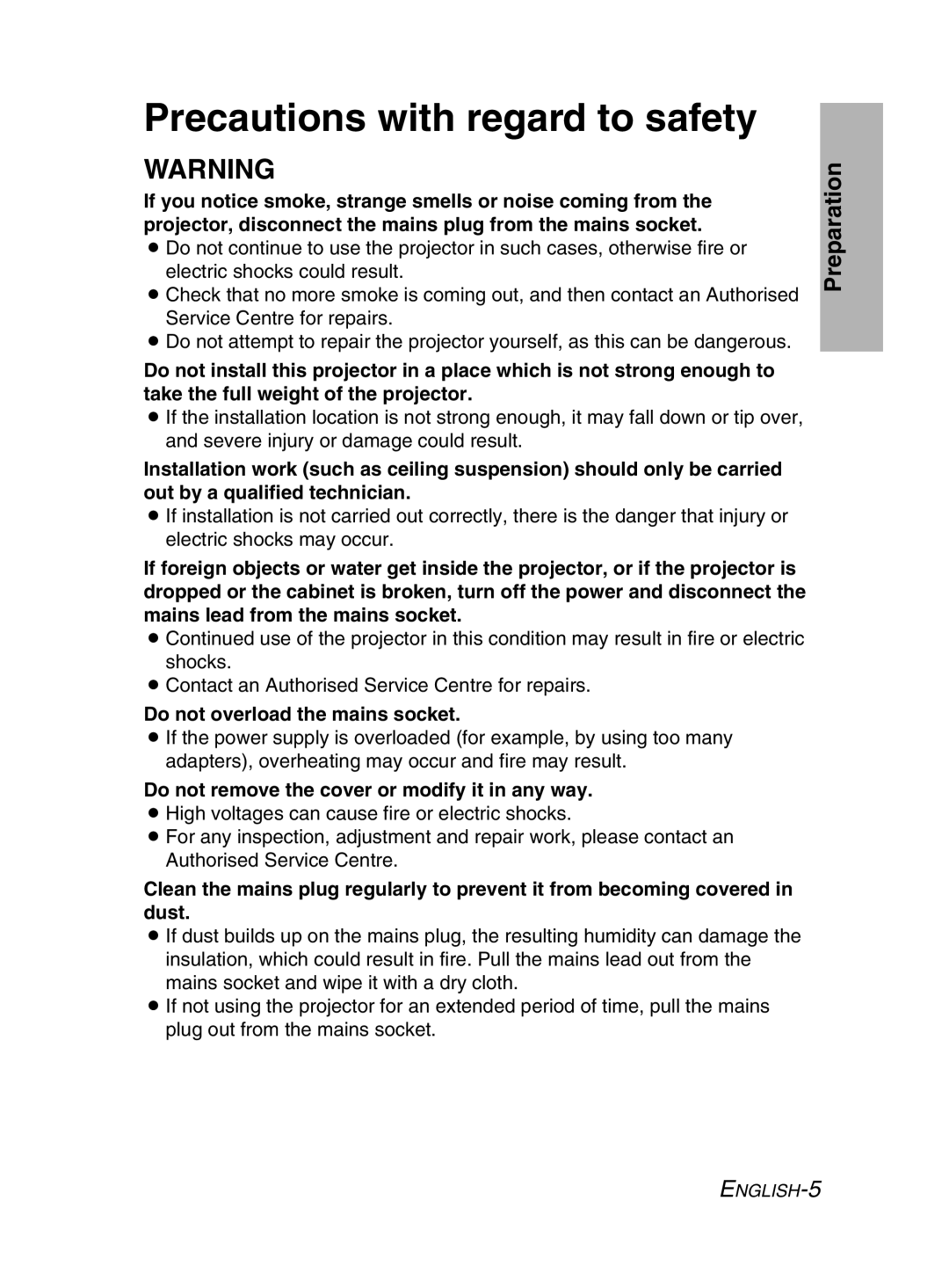 Panasonic PT-LM2E manual Precautions with regard to safety, Do not overload the mains socket 