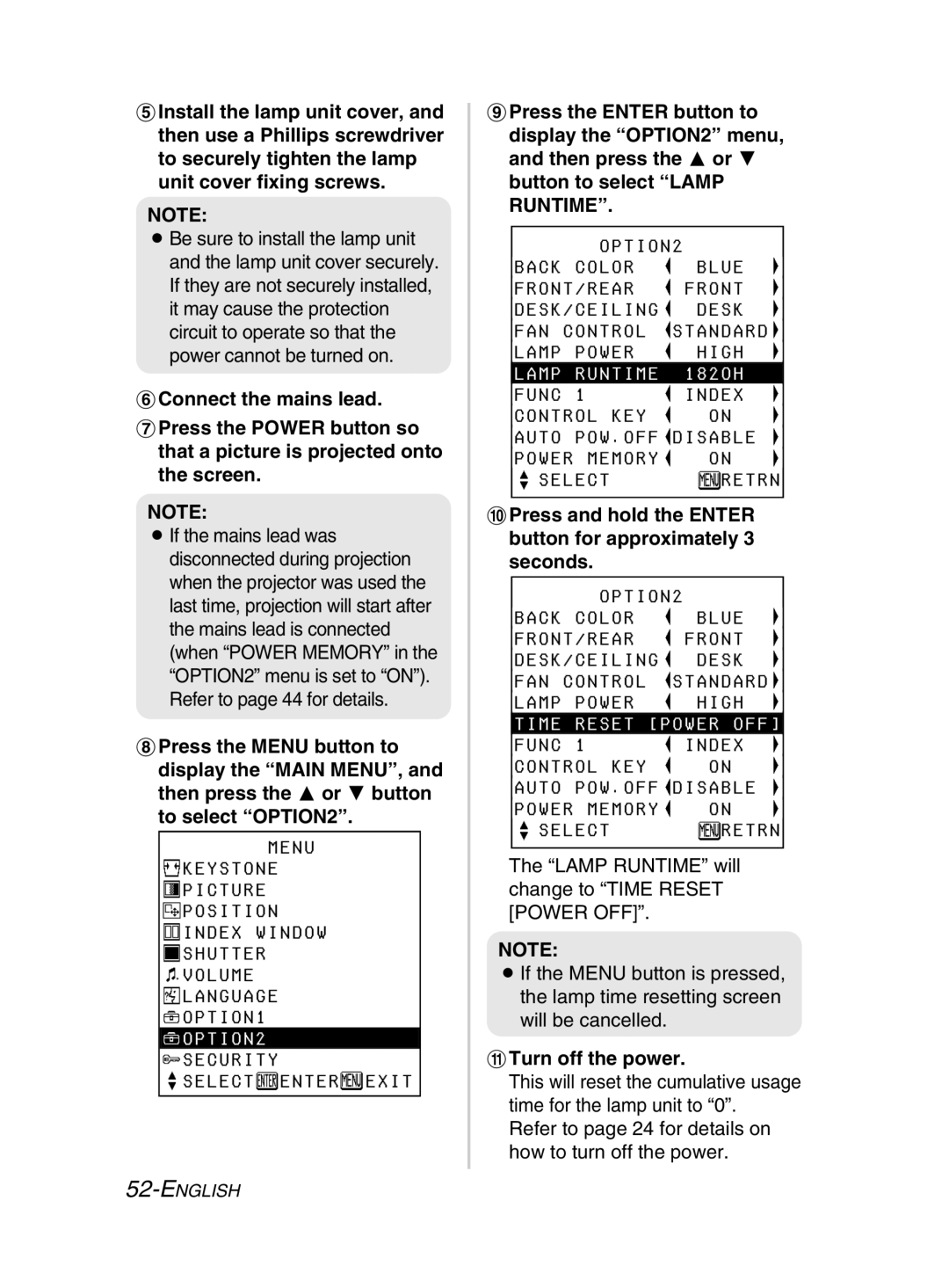 Panasonic PT-LM2E manual OPTION2, Runtime, Time Reset, DESK/CEILING Desk FAN Control Standard Lamp, Func 