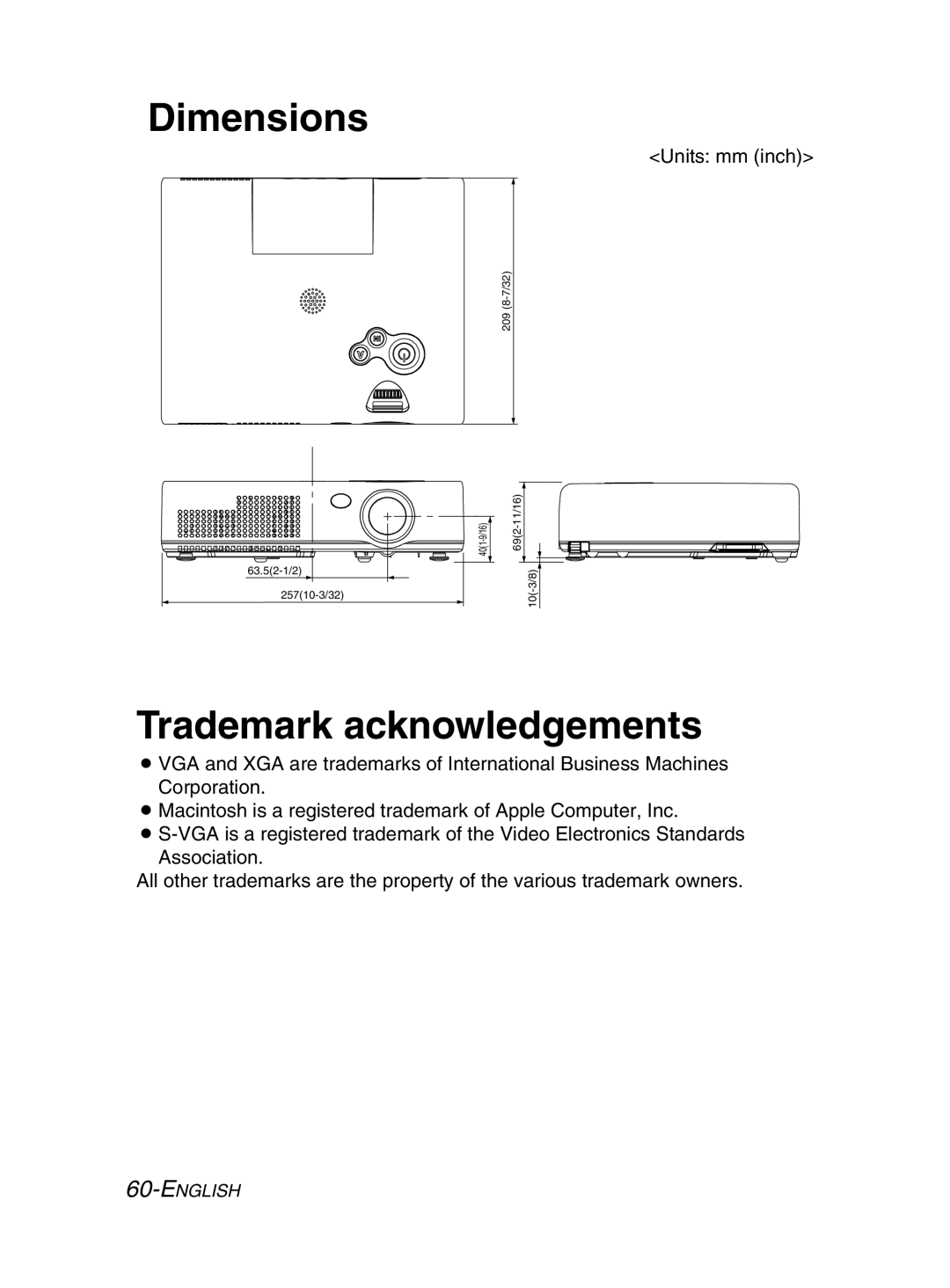 Panasonic PT-LM2E manual Dimensions, Trademark acknowledgements 