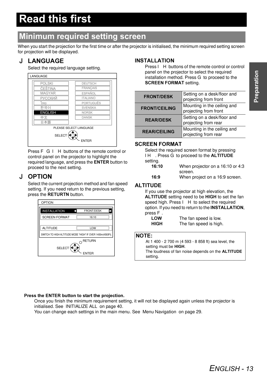 Panasonic PT-LW80NTE manual Read this first, Minimum required setting screen 