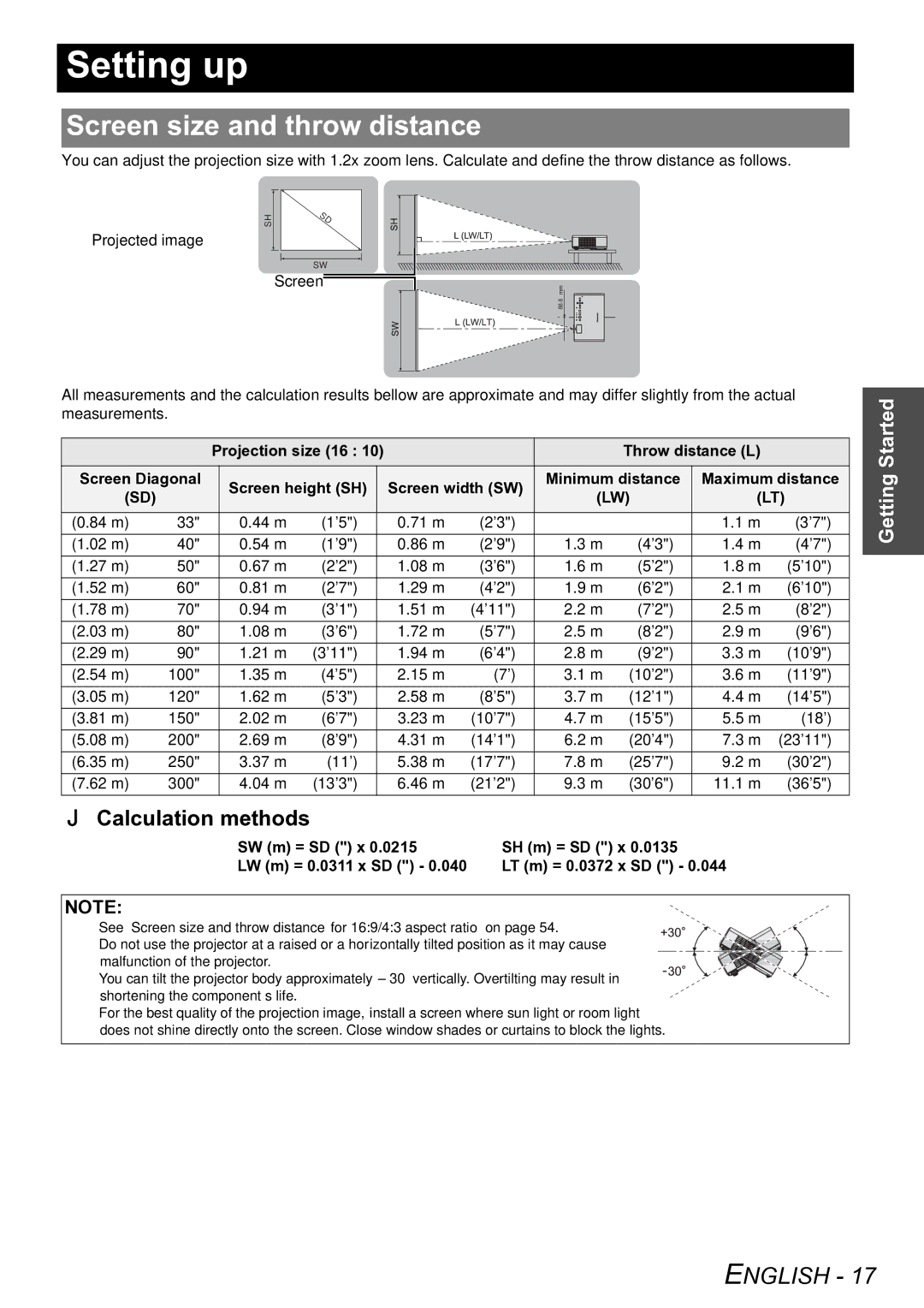 Panasonic PT-LW80NTE manual Setting up, Screen size and throw distance, Calculation methods 