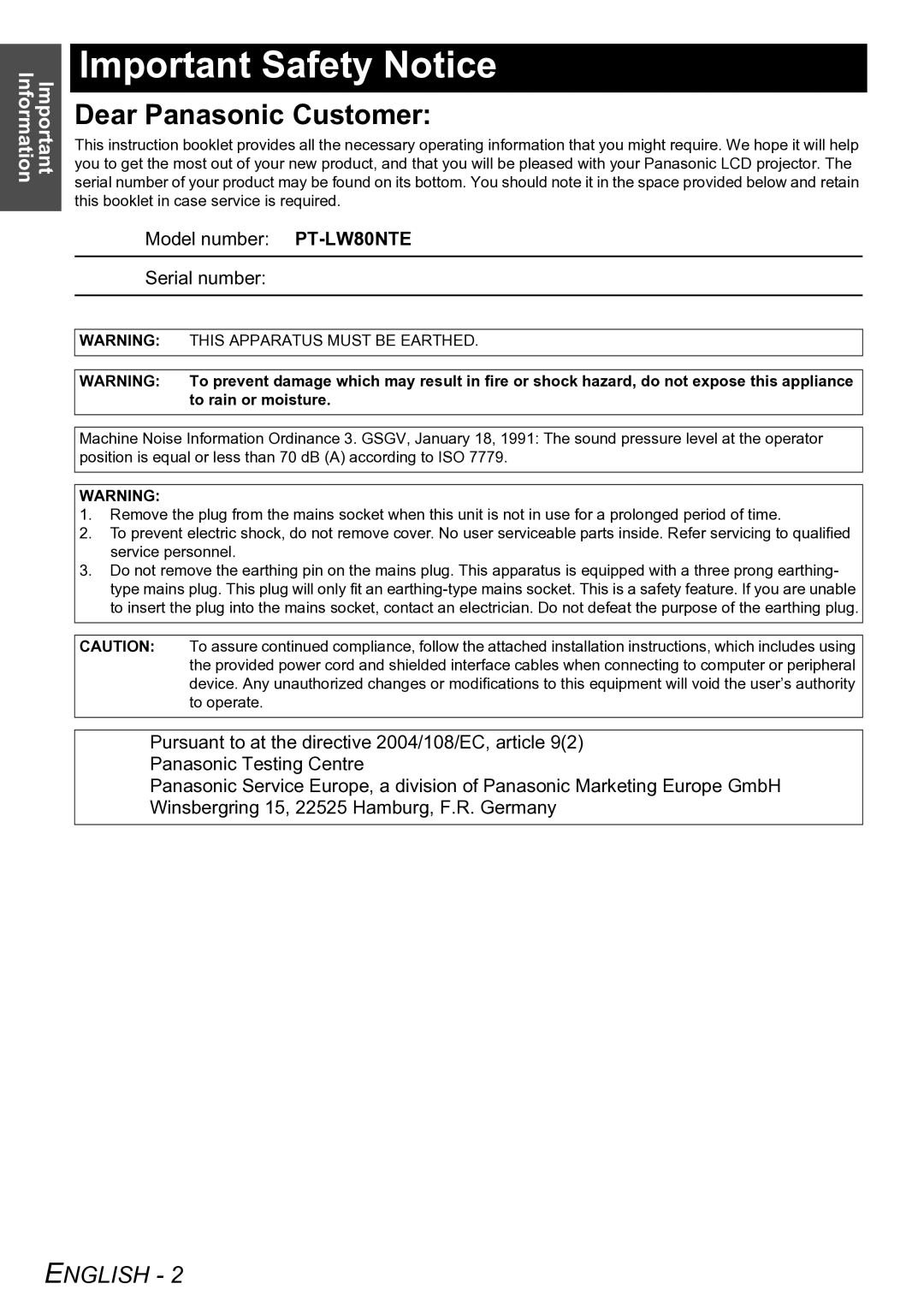 Panasonic PT-LW80NTE manual Important Safety Notice, This Apparatus Must be Earthed, To rain or moisture 