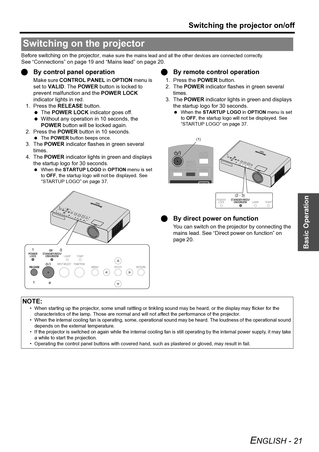 Panasonic PT-LW80NTE manual Switching on the projector, Switching the projector on/off, By direct power on function 