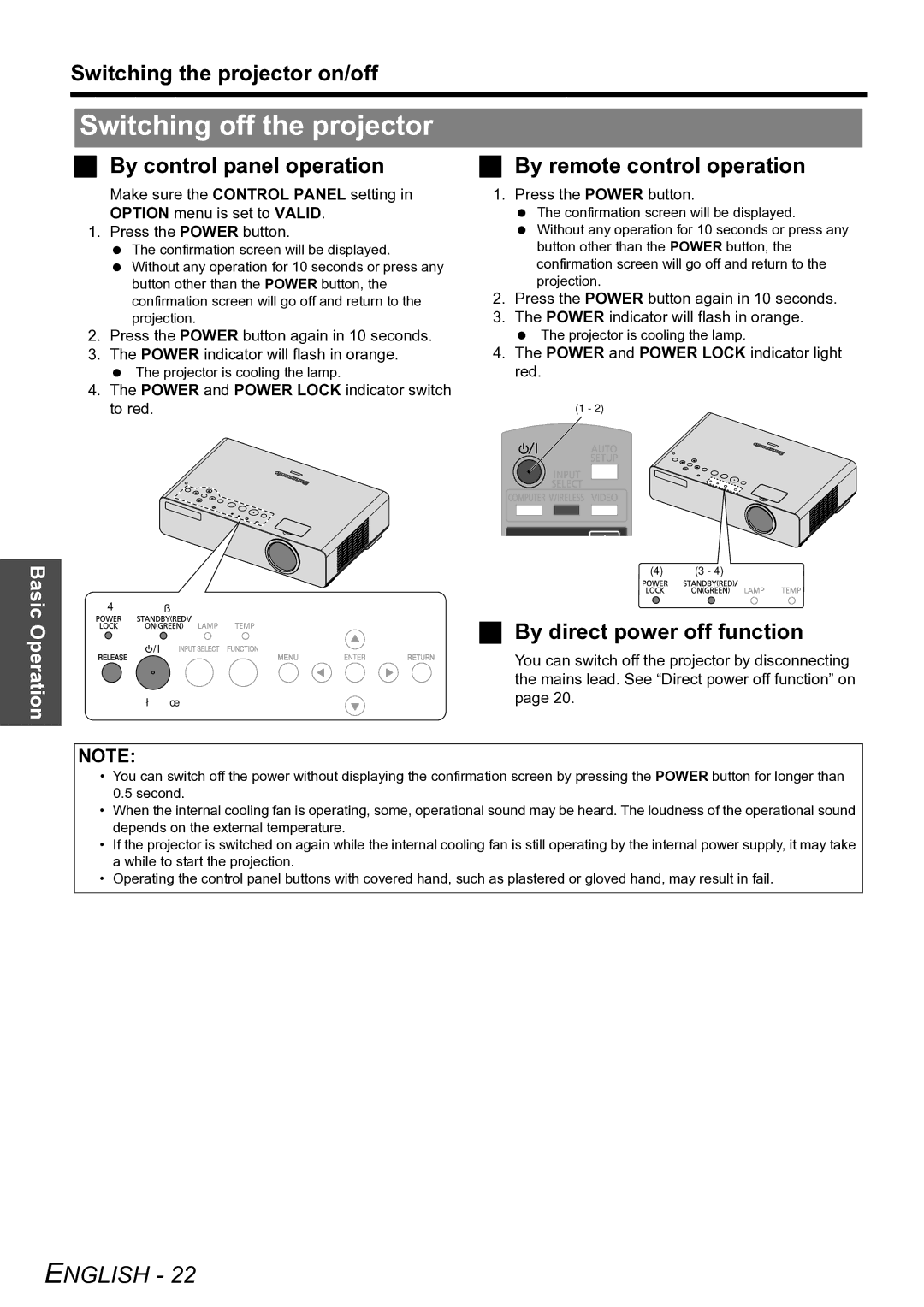 Panasonic PT-LW80NTE manual Switching off the projector, By control panel operation, By remote control operation 