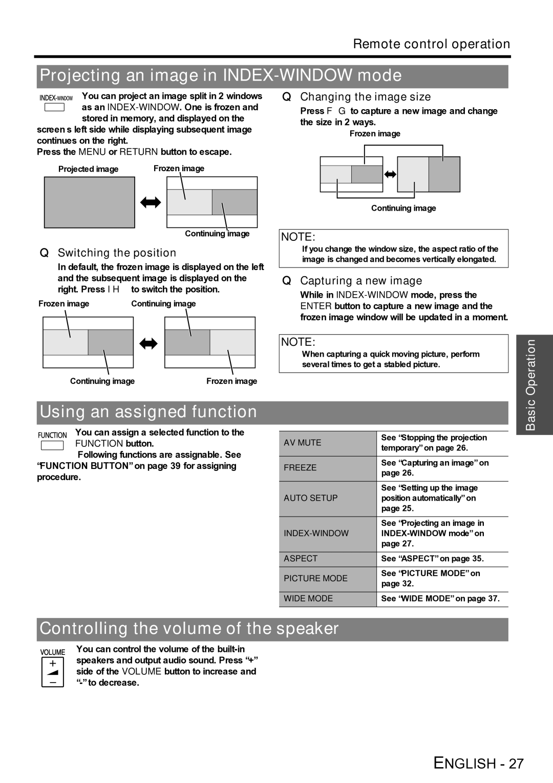 Panasonic PT-LW80NTE manual Projecting an image in INDEX-WINDOW mode, Using an assigned function 