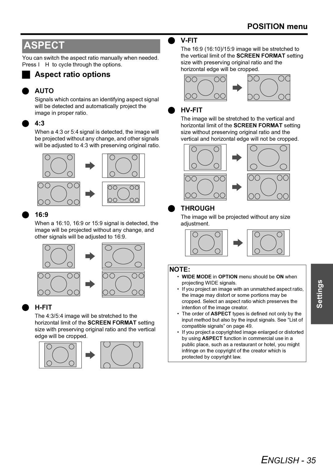 Panasonic PT-LW80NTE manual Aspect ratio options, 169 1610/159 image will be stretched to 