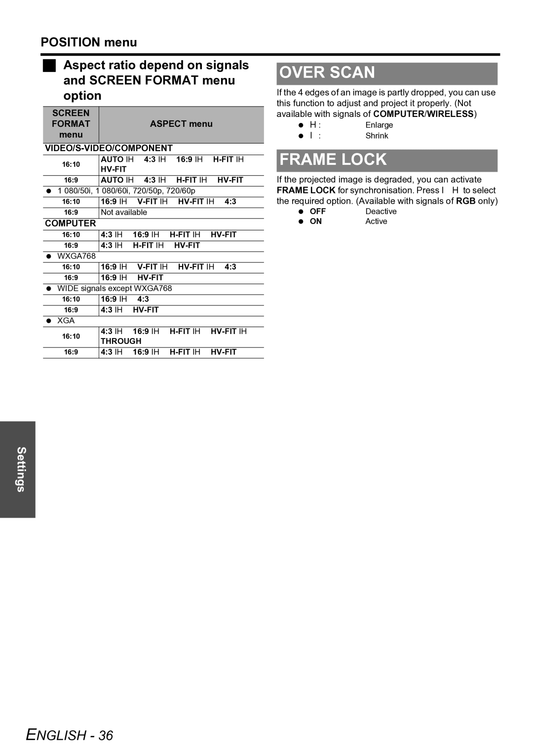 Panasonic PT-LW80NTE manual Over Scan, Frame Lock, Position menu Aspect ratio depend on signals, Screen Format menu Option 