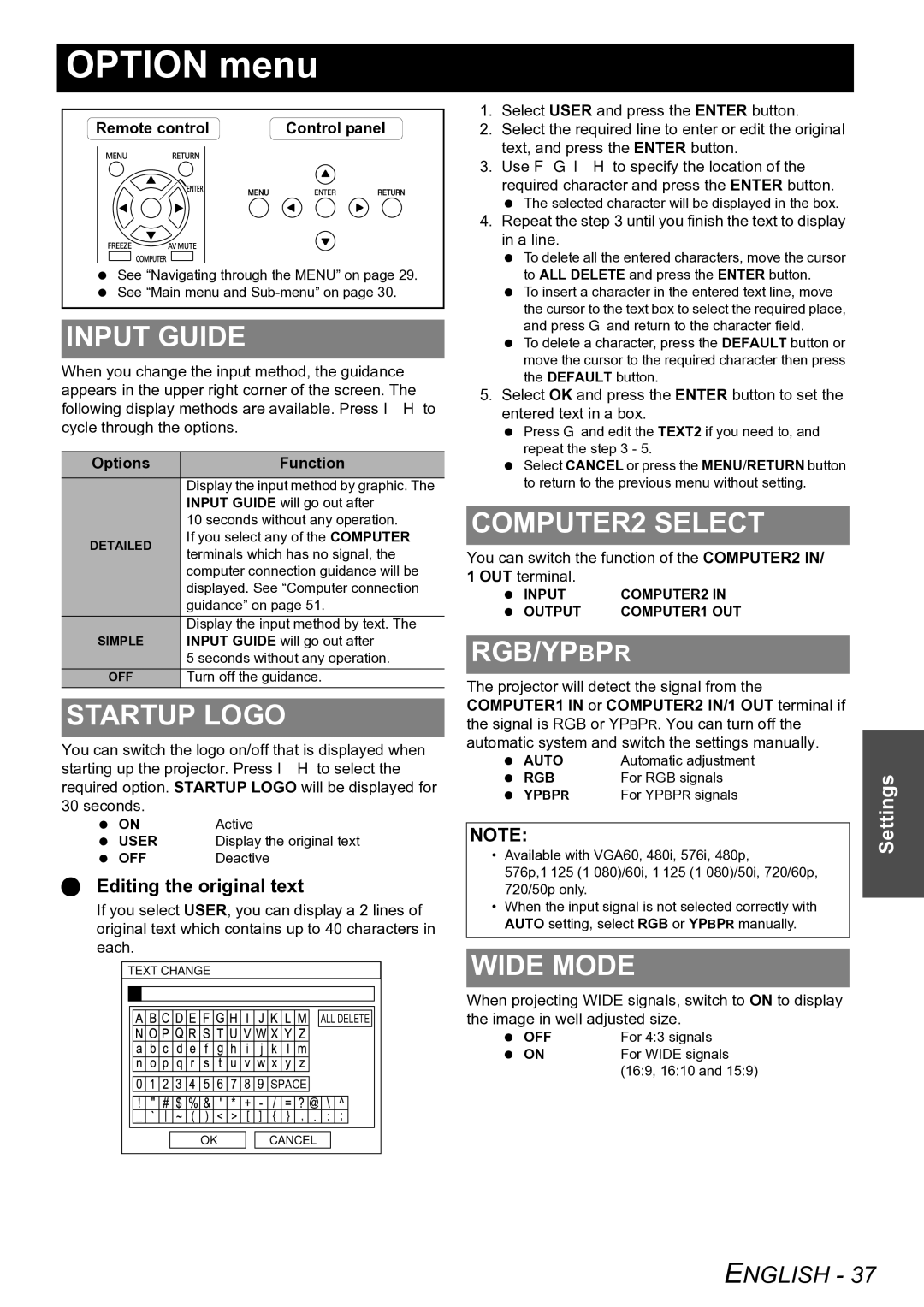 Panasonic PT-LW80NTE manual Option menu 