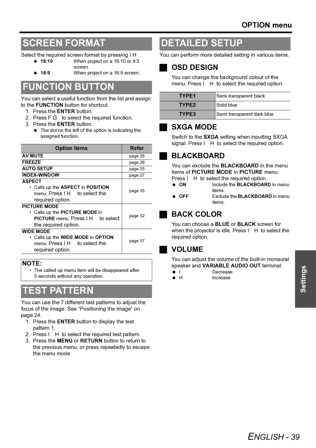 Panasonic PT-LW80NTE manual Screen Format, Function Button, Test Pattern 