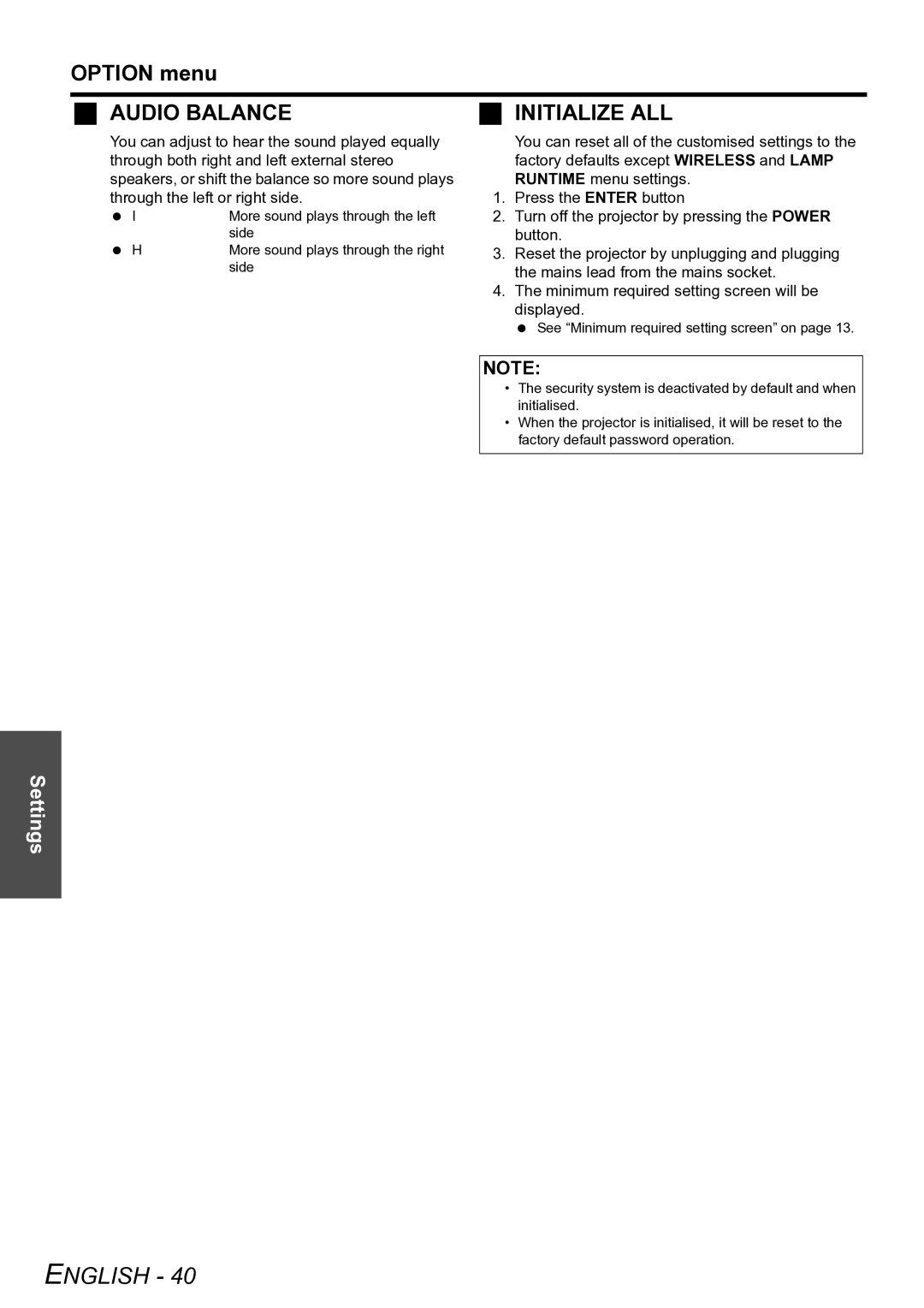 Panasonic PT-LW80NTE manual Audio Balance 